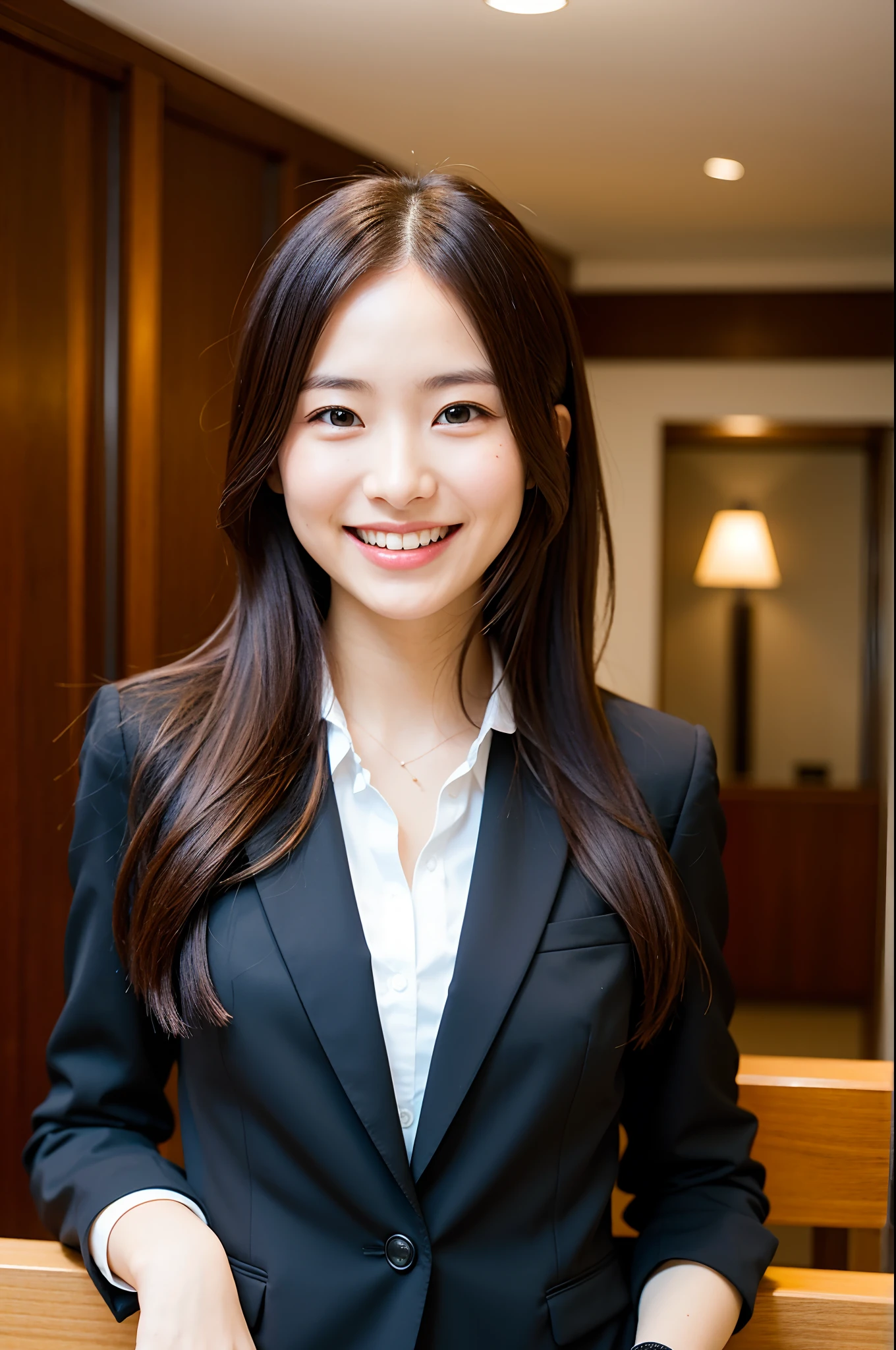 Natural light, Girl in hotel black suit smiling at hotel reception, (Best Quality, masutepiece: 1.2), Woman