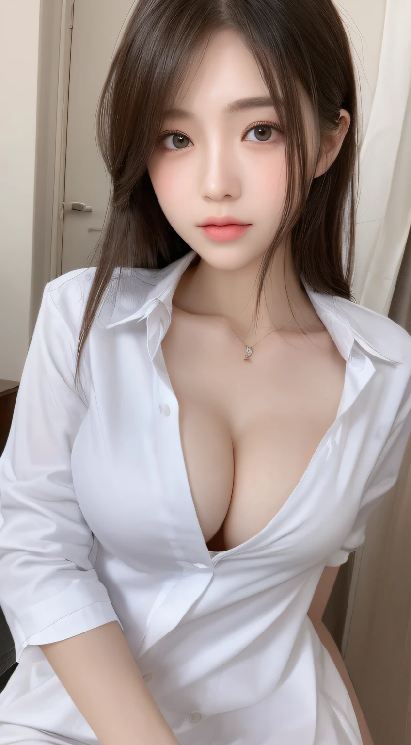 A beautiful woman with a perfect body:1.4,Layered hairstyle,Protruding cleavage:1.2,nurse uniform:1.5,highly detailed face and skin textures,Double eyelidd,whitens the skin.,Long Whitr hair