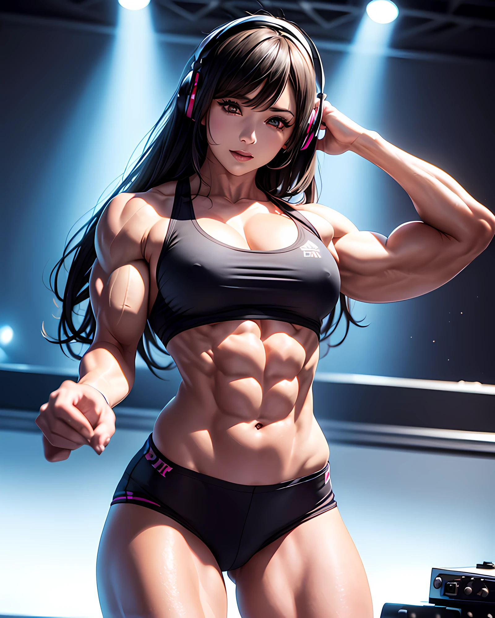 (masterpiece, best quality:1.37), ultra-detailed:1.37, hyper-sharp:1.37, anime style, An illustration of a female bodybuilder with a height of 2m who is DJing while showing off her muscles.

The female bodybuilder is 2m tall and has a muscular build.
A female bodybuilder wears a tank top and shorts, exposing her muscles.
A female bodybuilder is standing in a DJ booth and playing music with turntables and a mixer.
A female bodybuilder is playing music while showing off her muscles.
Audiences are overwhelmed and go wild with her female bodybuilder muscles.
This illustration shows a strong and dynamic representation of a 2m tall female bodybuilder DJing while showing off her muscles. You can clearly see the enthusiastic audience overwhelmed by the muscles of the female bodybuilders.