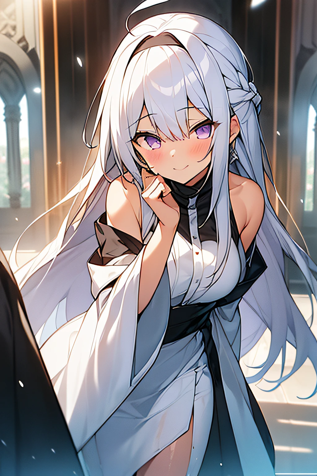 ((A slight smil)),a smile,1girl,depth of fields,((white  hair))),grey hair,purple eyes,Lori,long hair,(Loose long hair),(ahoge),(((White shirt under black robe) )),(White collared shirt),Medium Ruffled Skirt,((White-rimmed royal skirt})),Twist Blade,((Bare shoulders)),Fluttering petals,The upper part of the body,(ruins),intense shadow,wet​,