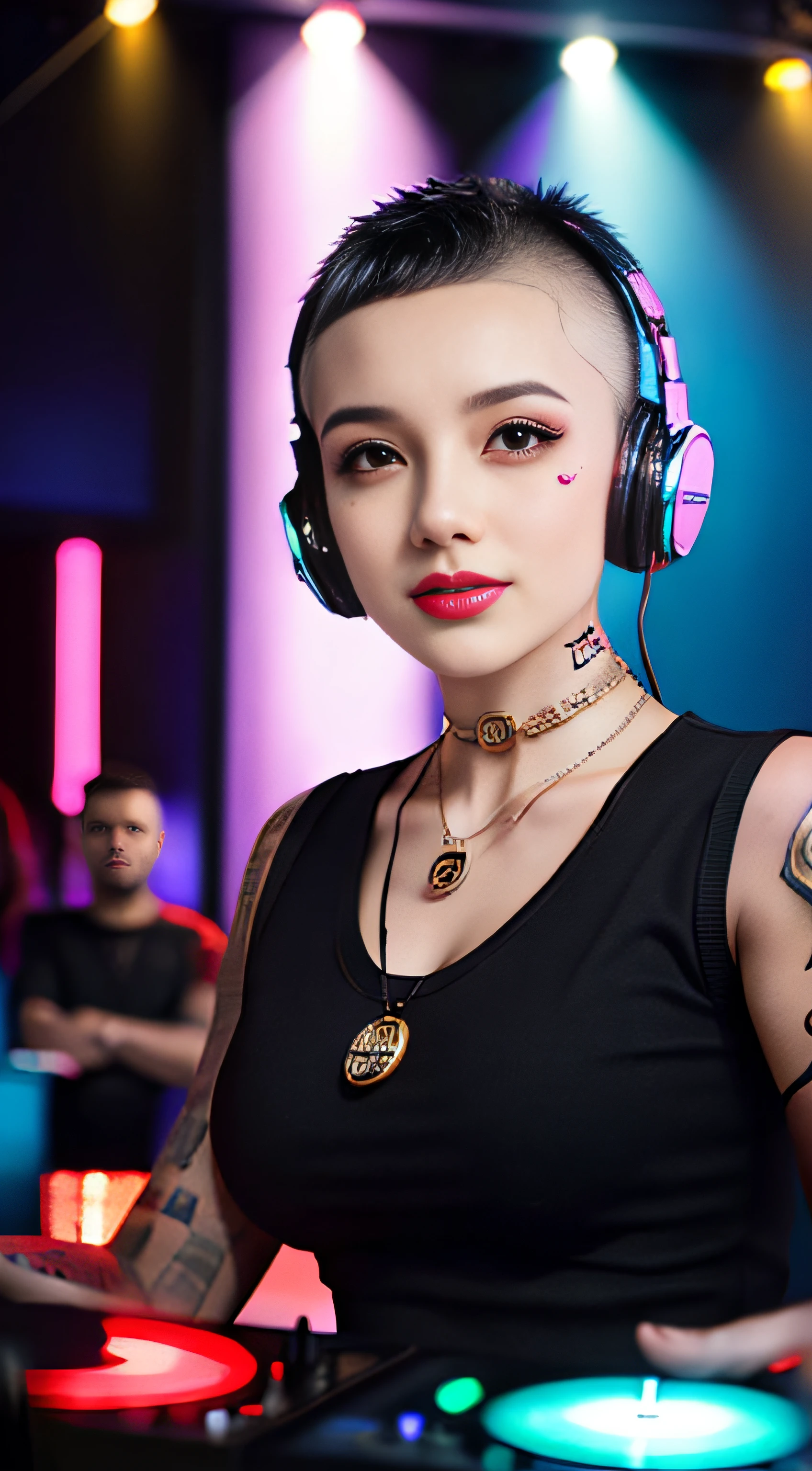 Best quality, Masterpiece, Ultra High resolution, native photo, Professional, photography, color photography, 1 girl, disco bar, girl with headphones, Djing in bar, upper body, female DJ, Looking at the crowd, DJ, DJ machine, DJ machine, Stage lights, (buzz cut:1.1), (Tattoo :1.1), Happy, dynamic, Gucci, Versace, cool, necklace, view