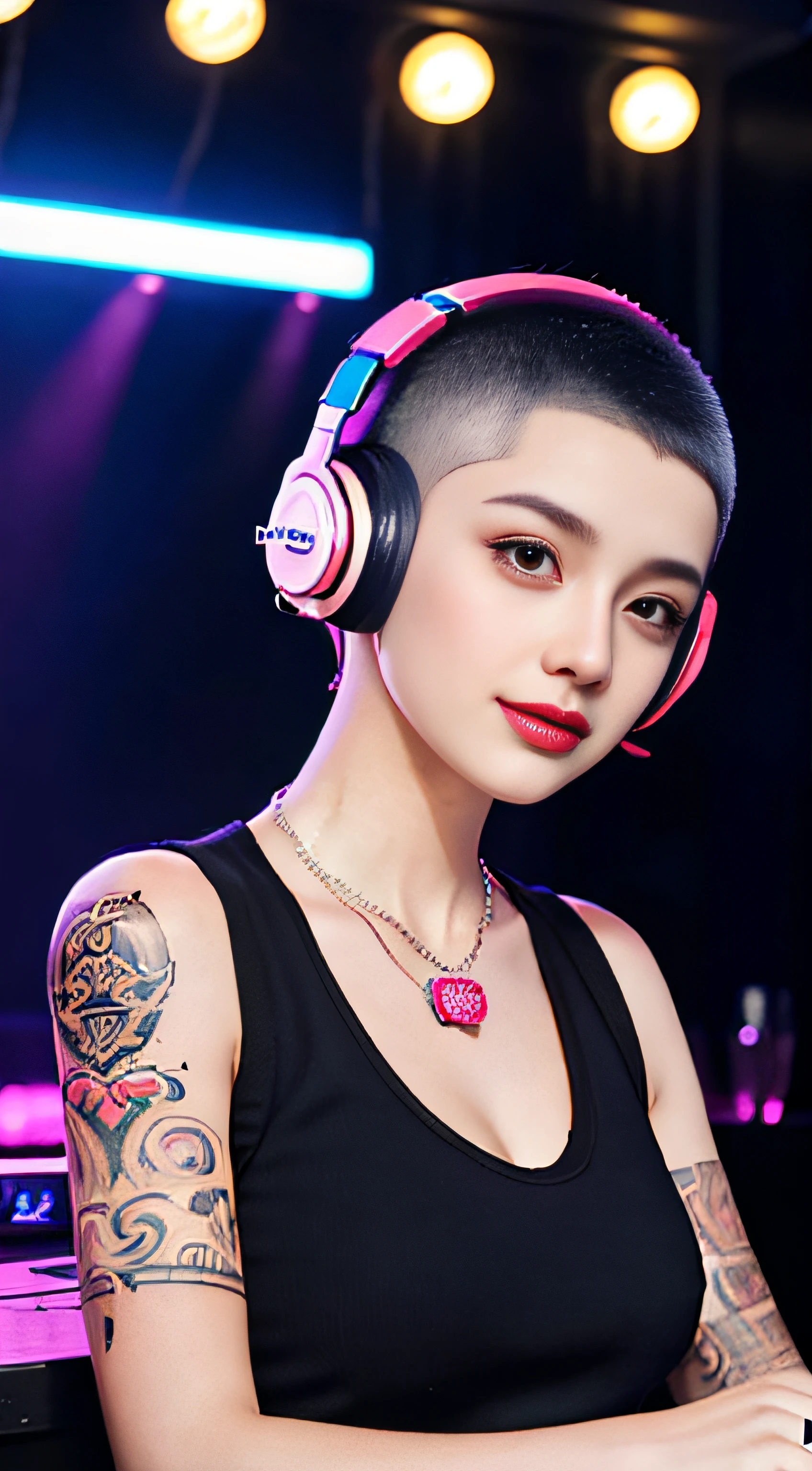Best quality, Masterpiece, Ultra High resolution, native photo, Professional, photography, color photography, 1 girl, disco bar, girl with headphones, Djing in bar, upper body, female DJ, Looking at the crowd, DJ, DJ machine, DJ machine, Stage lights, (buzz cut:1.1), (Tattoo :1.1), Happy, dynamic, Gucci, Versace, cool, necklace, view