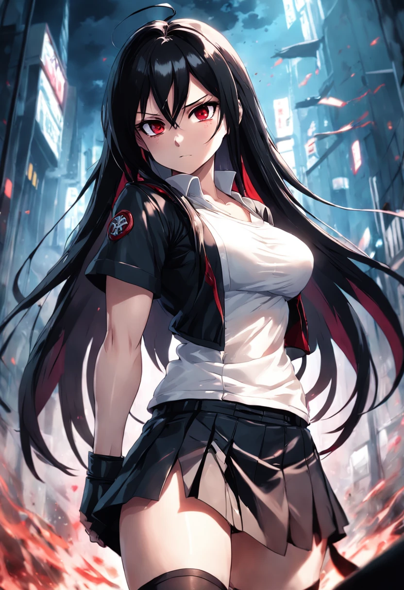 (Tifa Lockheart in a fighting stance)adult,long dark hair, crimson eyes,white shirt,black skirt,curvy body,thin waist