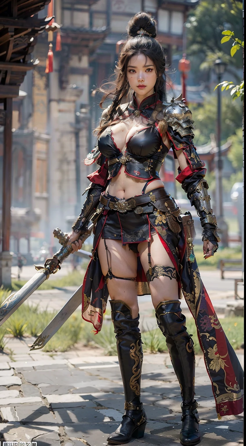 Ancient Chinese architecture,Female warriors in national style,Wear revealing armor,Simple clothing, Minimalist style,Mixed Chinese and American races,The background is blurred out,focal,cowboy shot,电影灯光,(((tmasterpiece))), ((best qualtiy)), ((Complex and detailed)), ((ultra-realistic realism)), Ridiculous resolution, A MILF, Mature woman, ssee-through, highly detailed, illustratio, 1girll, (mediuml breasts), Thin waist and thick hips,long leges,beatiful detailed eyes, short detailed hair, brunette color hair, a purple eye, blackstockings,lacy clothing,with faintly visible,Cool armor,The body proportions are perfect,(No underwear:1.2),detailed back ground, perfect eyes, Seductive eye, (nice hand),Detail hands,looking at viewert,From the front,Wear light,juicy legs,deep v big breasts,Tattooed with