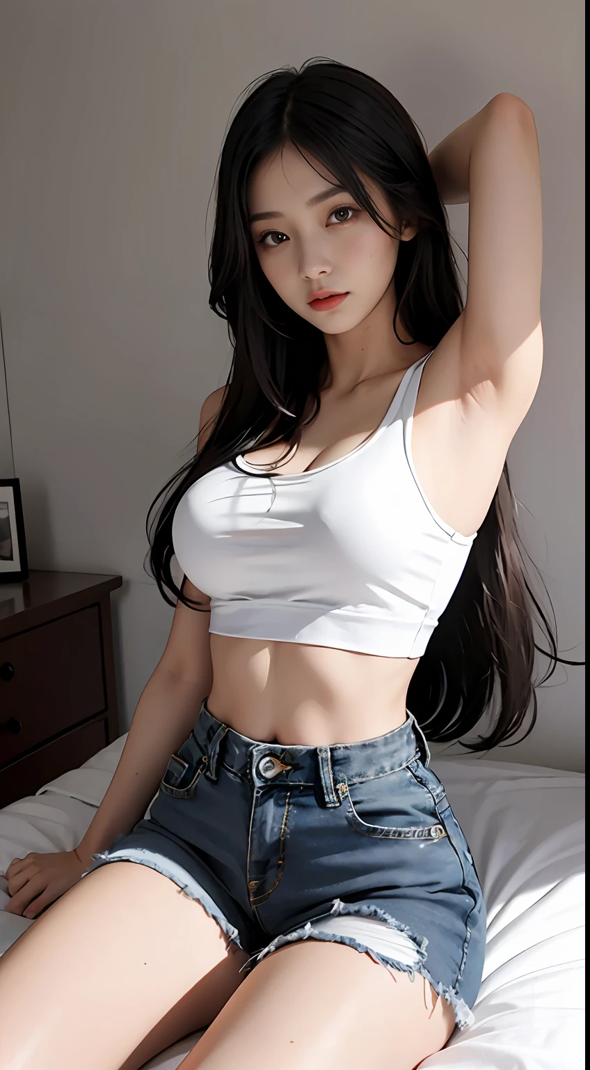 Girl in white bra with black strips and tight denim skirt posing for photo, long hair, full body, with cropped T-shirt, bra, cropped black jeans, slim body, circle bust, slim girl model, 24 year old female model, laying on the bed,