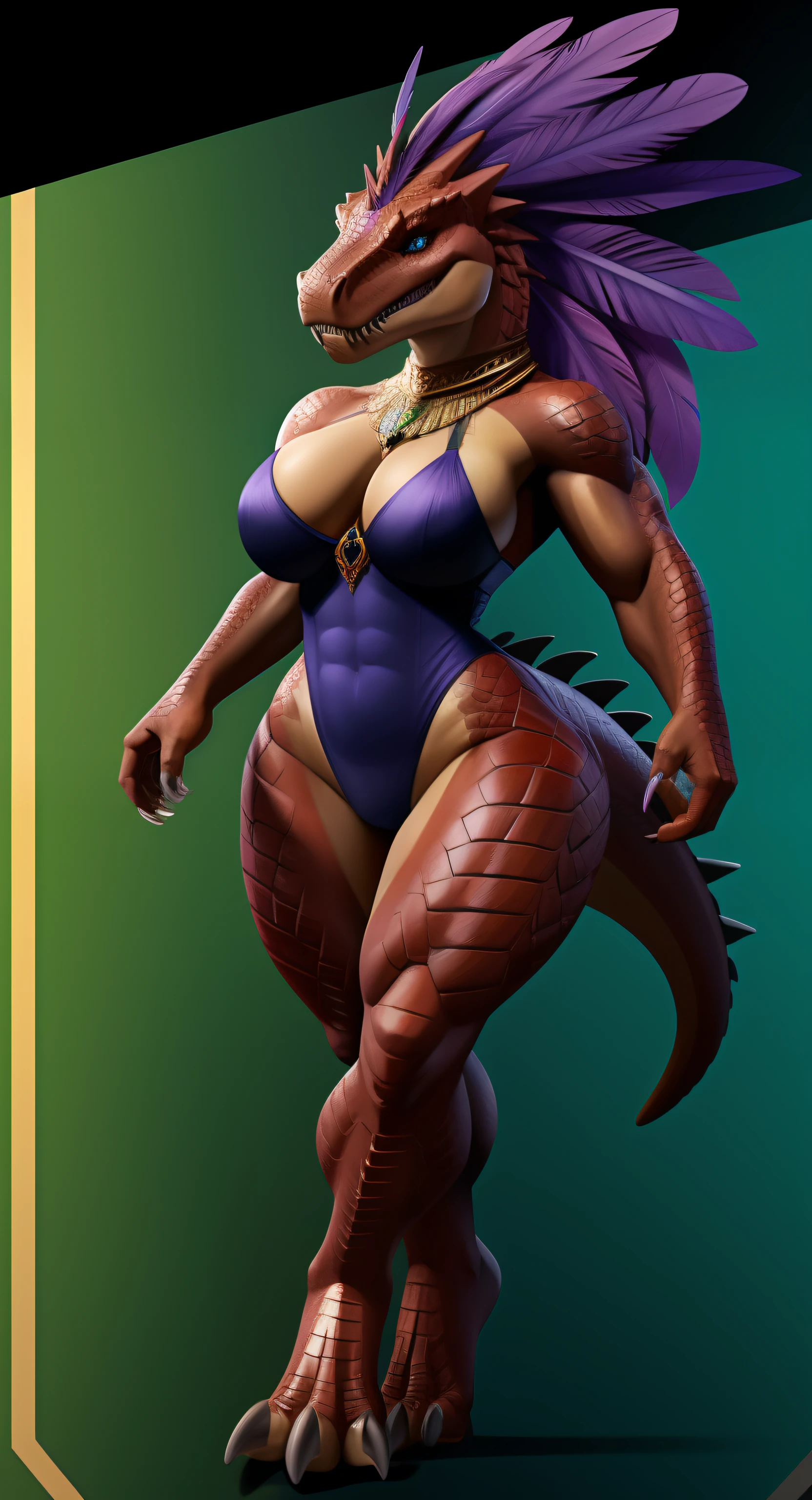 Anthropomorphic, furry, scaly, hybrid, woman, dinosaur, tyrannosaurus, black high cut leotard, black high leg leotard, sexy, curvy body, muscular body, thicc, claws, sharp teeth, fangs, tail, scales, hair, violet colored feather mane, fierce, busty, beautiful, lovely, savage, powerful, sexy legs, sexy hips, loving wife, giant, ruby red scales, emerald green scaled underside, violet stripes, confident, strong, blue eyes with black slit pupils, long legs, seductive, loving, hourglass body, jewelry, fit body, short arms, fully scaled, big head, monstrous, beastly beauty, proud, close up, regal looking, dark skin, hard abs, bare feet, spikes, reptile, sensual, T-Rex, queen, transparent background, blank background, tail comming out of the spine,