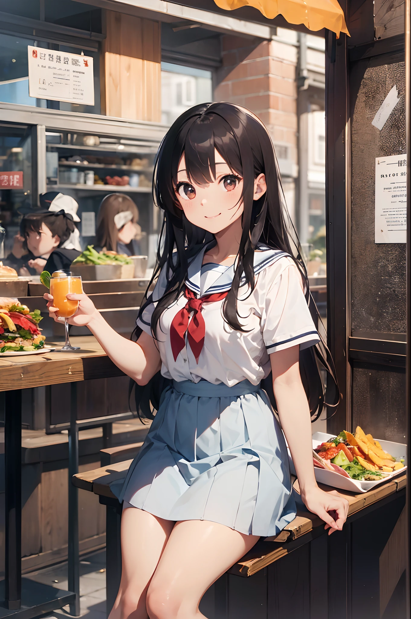 (8K, Raw photography, top-quality, masterpiece:1.2), 1girl in, 3 d, A dark-haired、The long-haired、Lunch at a café、Salad on the table with orange juice and forks、sitting on、、Short sleeve sailor suit、a miniskirt、Asian,A smile、