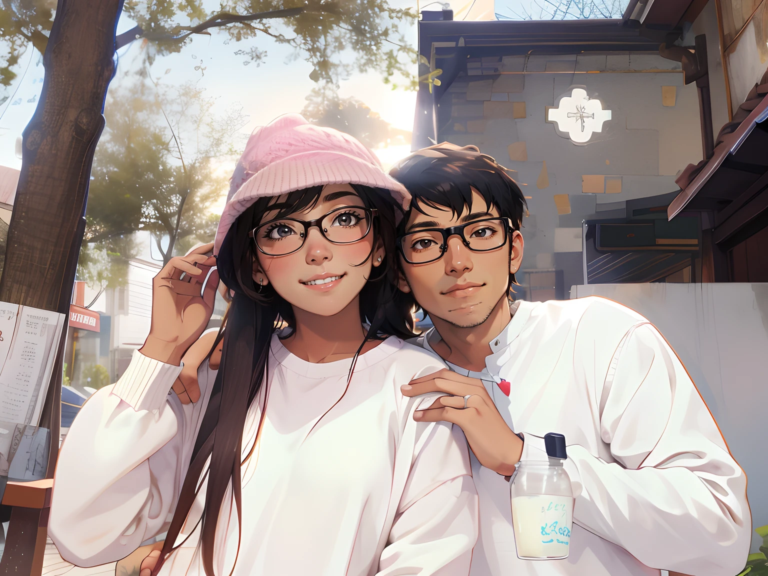 "couple，Warm and romantic，ssmile，hugs，Silhouette in the sunset，Clenched hands，Spend time together，Snuggle up to each other，The expression of love"，（eye glass）