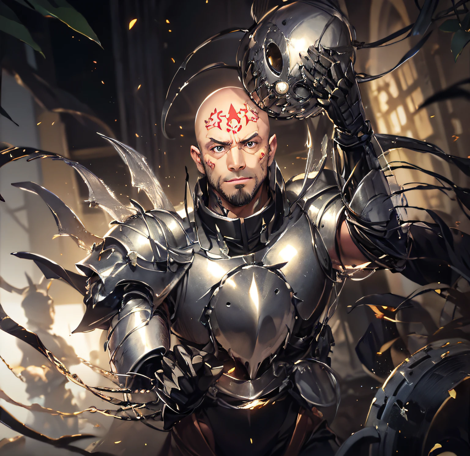 retrato de \(guts de berserk\), Obra maestra, La mejor calidad, One Boy, cabello negro, pelo corto, musculatura, Cicatrices, Ver visor, Capa negra, Gran espada, Cojinete, Fondo simple, fondo rojo, (primer plano:1.1), (Medios tradicionales), Armadura de hombro,berserk