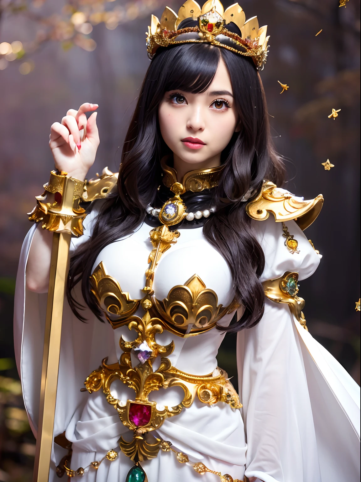 (masutepiece), Professional , ​masterpiece、top-quality、photos realistic , depth of fields （Gemstone Silver Metal Body:1.９),(Matte White、Jewel Gold Weapon（Jewel Metal Body:1.４),Gorgeous metal weapons ,（Swarm of goblins）、 Detailed Sword of the Brave , Beautiful knife   ,warhammer 40k , adepta sororitas,Detail and ornate jewel crown、Black hair、Gangle's forest background、Beautiful Caucasian beauty、１a person、dynamic ungle,(((Detailed and ornate diamond crown)))、Smaller head、A smile、Take a sexy pose、Thin and beautiful female hands、cyanide light particles、Mystical expression、
