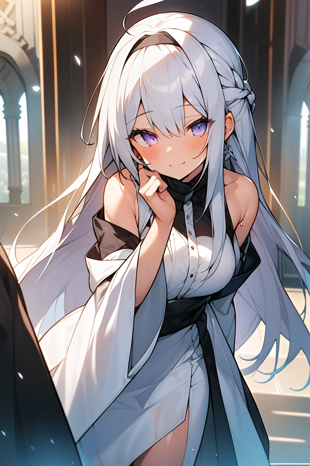 ((A slight smil)),a smile,1girl,depth of fields,((white hair))),grey hair,purple eyes,Lori,long hair,(Loose long hair),(ahoge),(((White shirt under black robe) )),(White collared shirt),Medium Ruffled Skirt,((White-rimmed royal skirt})),Twist Blade,((Bare shoulders)),Fluttering petals,The upper part of the body,(ruins),intense shadow,wet,