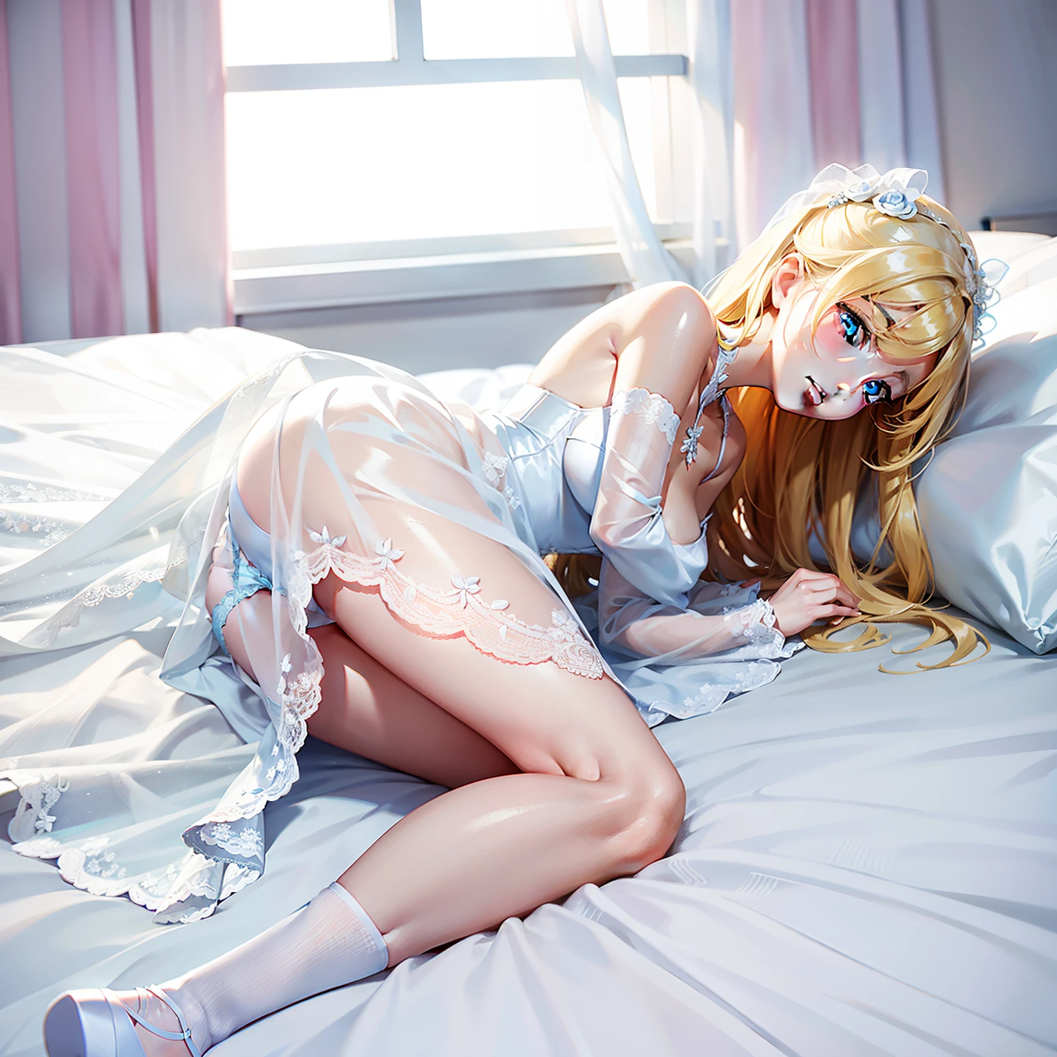 A beautiful woman with blonde hair and blue eyes,white wedding gown,The legs are broken in an M shape,Panties transparent,Lie down in bed