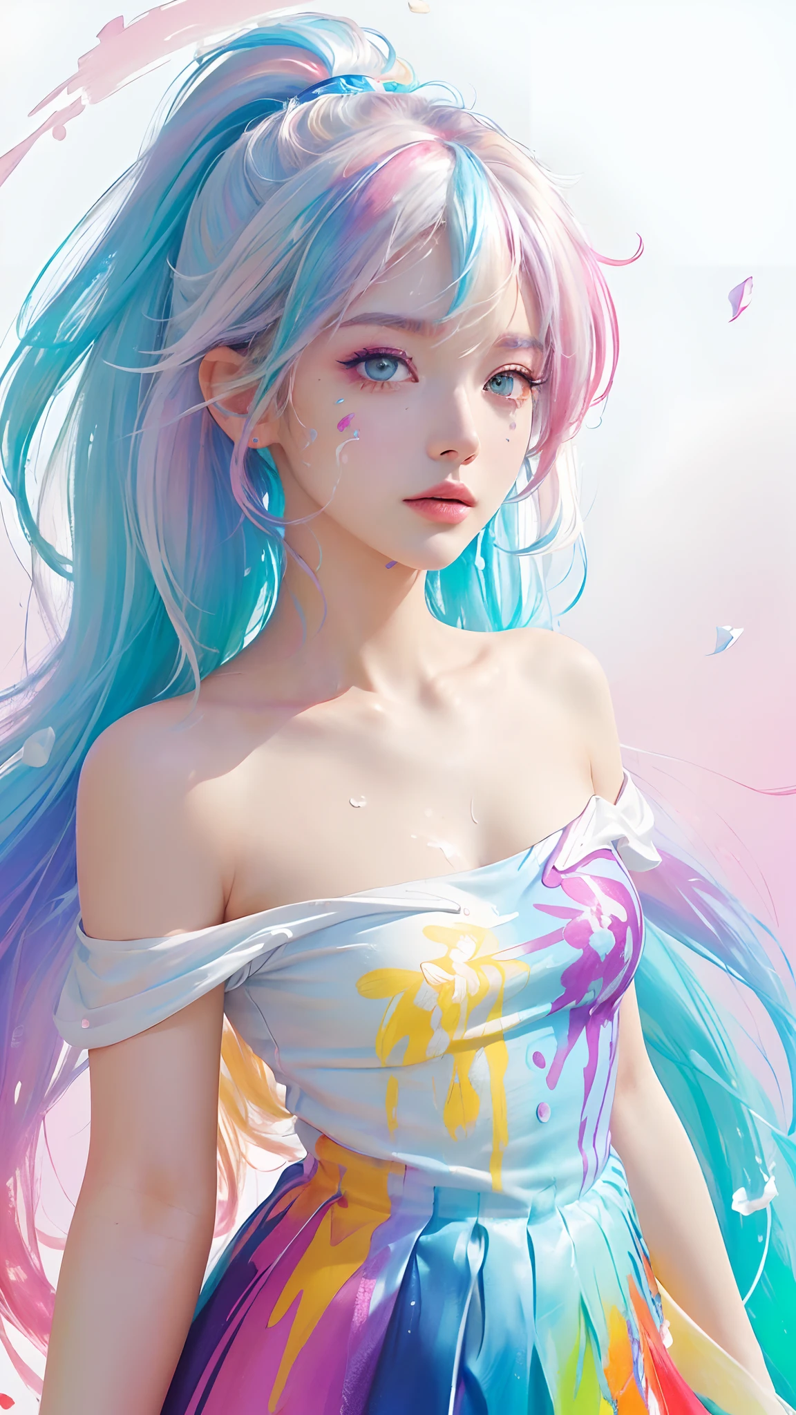 （Pink Fashion T-shirt：1.9），(Colorful hair: 1.8), (all the colours of the rainbow: 1.8),(((((vertical painting：1.6))), （painting：1.6），front, comics, illustrations, paintings, large eyes, crystal clear eyes,（ rainbow color gradient high ponytail：1.7）, exquisite makeup, closed mouth,(Small Fresh: 1.5),(Wipe Chest: 1.6) ，long eyelashes, white off shoulder T-shirt,  White Shoulder Shirt，looking at the audience, large watery eyes, (rainbow colored hair：1.6), color splash, （solo：1.8）, color splash, color explosion, thick paint style, messy lines, ((shining))，(colorful), (colorful), (colorful), colorful, Thick Paint Style, (Splash) (Color Splash), Vertical Painting, Upper Body, Paint Splash, Acrylic Pigment, Gradient, Paint, Highest Image Quality, Highest Quality, Masterpiece, Solo, Depth of Field, Face Paint,  colorful clothes, (Elegant: 1.2), gorgeous,long hair, wind, (Elegant: 1.3), (Petals: 1.4)，(((masterpiece))),(((best quality))),((ultra-detailed)),(illustration),(dynamic angle),((floating)),(paint),((disheveled hair)),(solo),(1girl) , (((detailed anima face))),((beautiful detailed face)),collar,bare shoulders,white hair, ((colorful hair)),((streaked hair)),beautiful detailed eyes,(Gradient color eyes),(((colorful eyes))),(((colorful background))),(((high saturation))),(((surrounded by colorful splashes))),