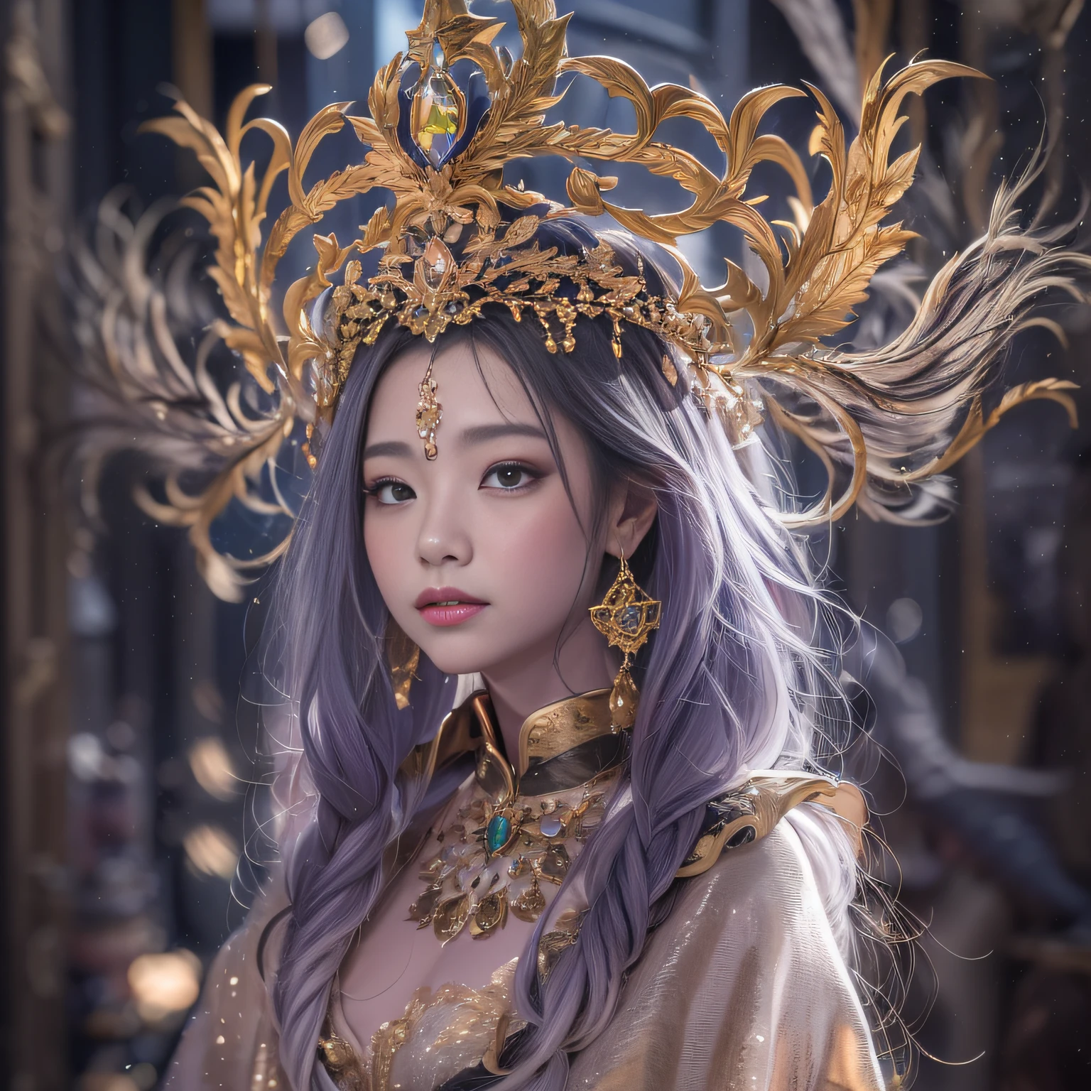 32k(tmasterpiece,k hd,hyper HD,32k)short detailed hair,Gold jewelry area in the back room,Flame Girl ,Yao Lang protector (realisticlying:1.4),Python pattern robe,Purple-pink tiara,Snowflakes fluttering,The background is pure,Hold your head high,Be proud,The nostrils look at people, A high resolution, the detail, RAW photogr, Sharp Re, Nikon D850 Film Stock Photo by Jefferies Lee 4 Kodak Portra 400 Camera F1.6 shots, Rich colors, ultra-realistic vivid textures, Dramatic lighting, Unreal Engine Art Station Trend, cinestir 800,Hold your head high,Be proud,The nostrils look at people