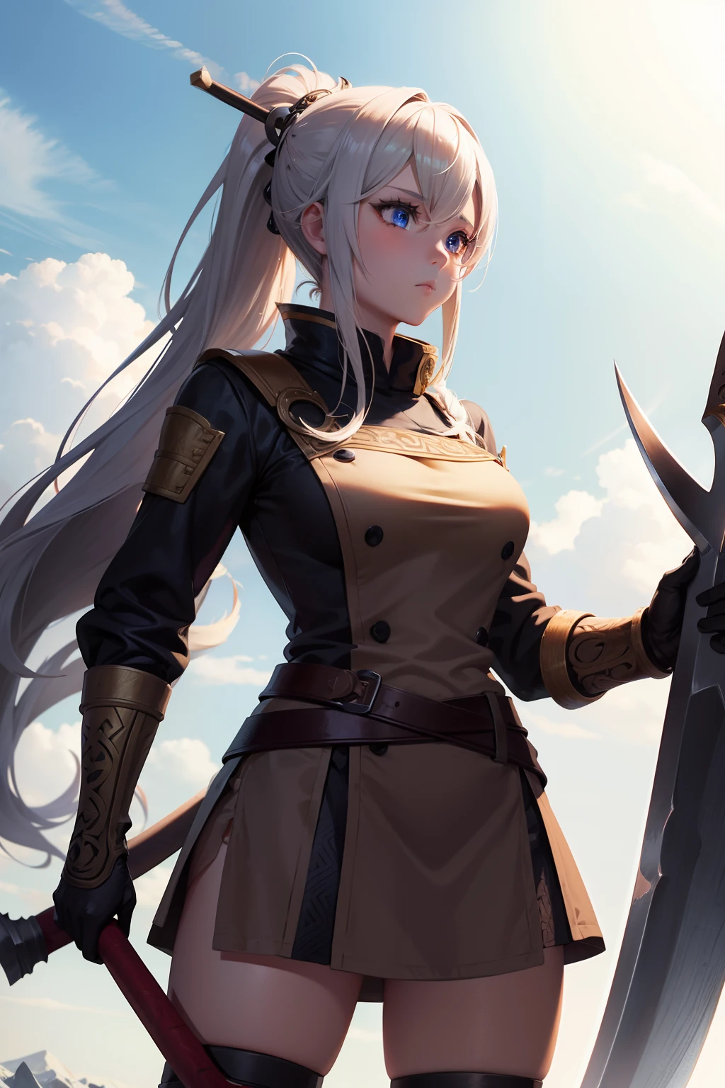 Anime girl, viking, cute, beautiful, highly detailed face, beautiful eyes, standing, pony tail, holding axe, high quality