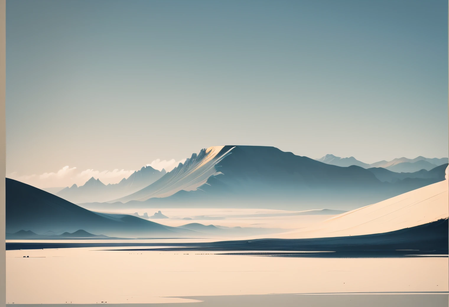 Poster cover,stunning images,minimal style,Light beige background,The lower part of the painting is a landscape ink painting,The upper part gradually changes to the iron blue sky,Simple atmosphere,Bright tones,minimalism,no shadow
