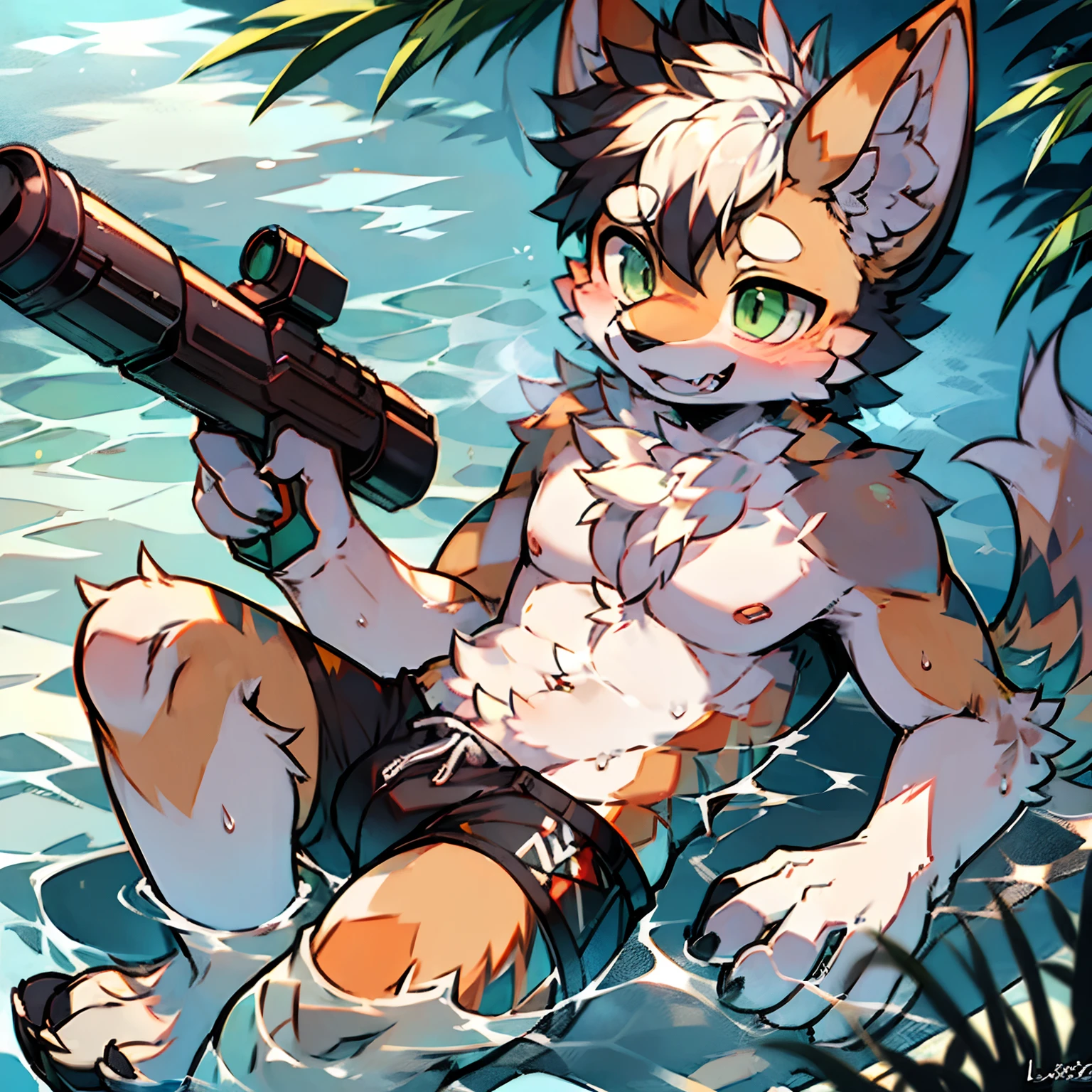 solo person，shaggy male，Furry，coyote，canid，Black and white fur，greene eyes，water gun，sandbeach，laughingly，swim trunks