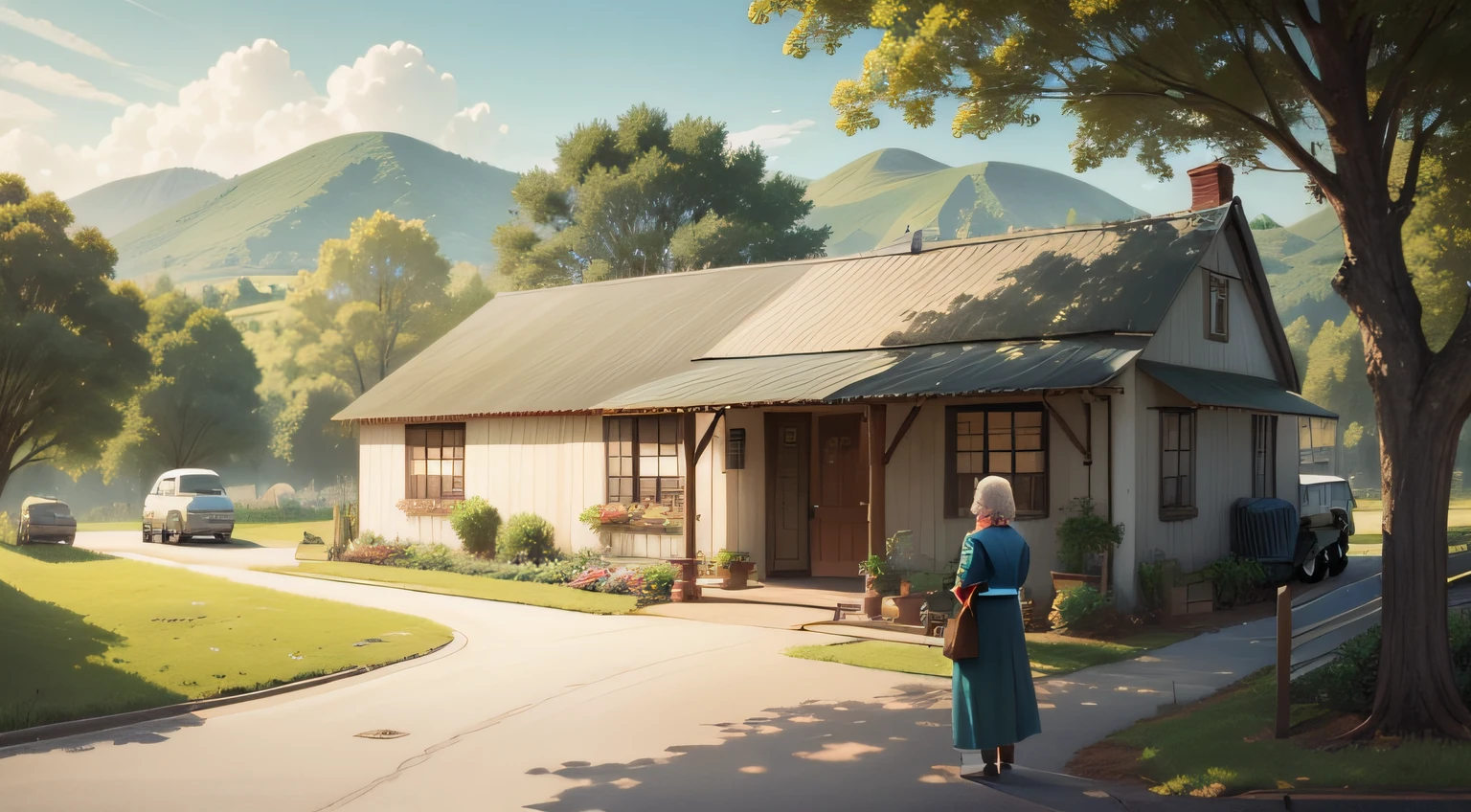 /imagine prompt: An old grandmother standing at the entrance of a rural area, watching people get off the bus, surrounded by peaceful farmland with sunlight shining through the leaves, by doodle --niji 5