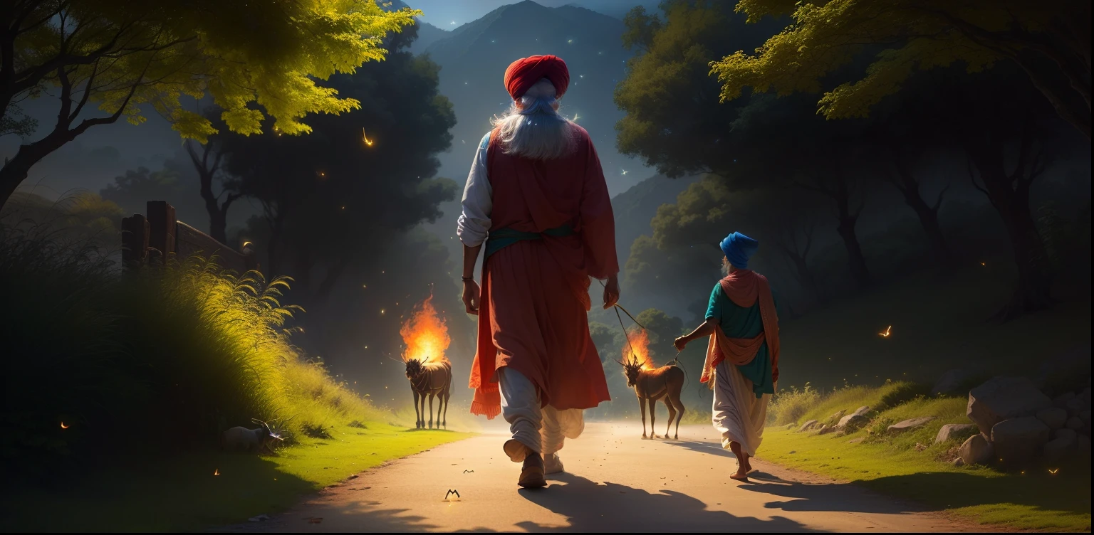 Beautiful hill and nature background of India, realistic face, 8K, fire flies around, a sikh old man walking with his 2 followers