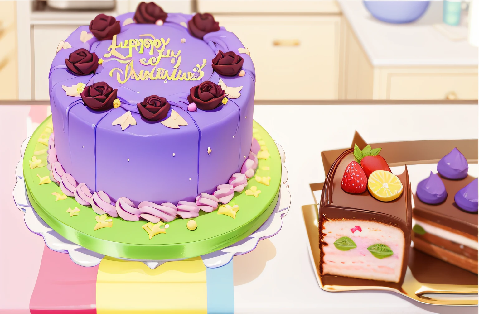Undecorated cake with purple, pink and yellow gradients。
