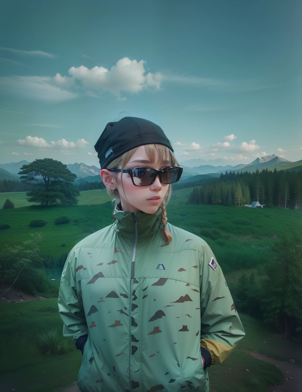 Natural scenery as background, mountain ranges, ln the forest, lakes, camp, A model in outdoor clothing, Comfortable hiking shoes, Model standing on a hillside, The colors of nature are used as the main color scheme