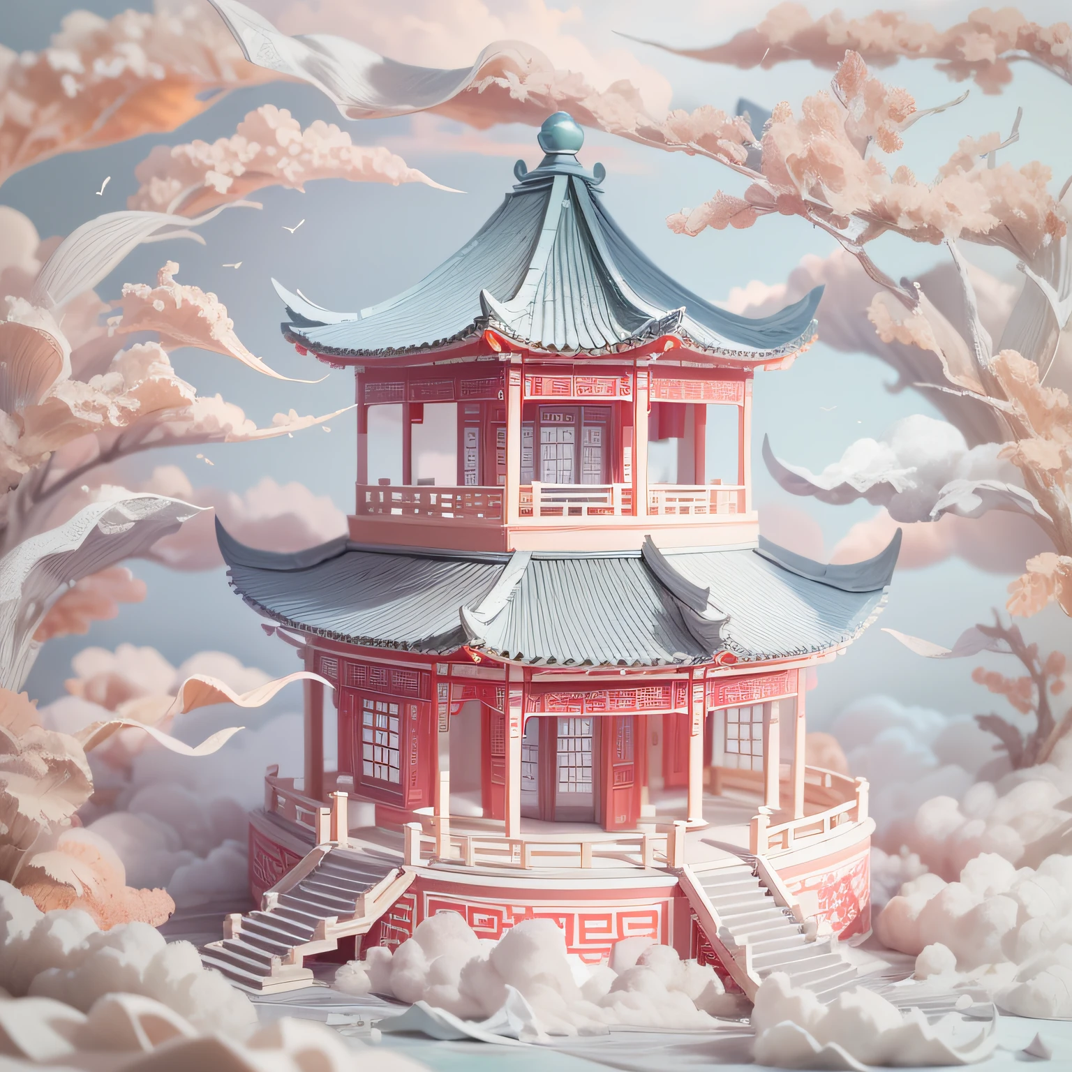 (Paper carving:1.5),Tilt-Shift,  (Sea of white clouds:1.5), (White clouds:1.5), (peach blossom:1.2), (Small house on the white cloud), Soft lighting，Oriental elements, Dreamy, Pastel colors, Bright colors, Traditional Chinese color scheme, ( reasonable design, Clear lines, High sharpness,Best quality, Very detailed, Masterpiece, offcial art, movie light effect, 4K ),