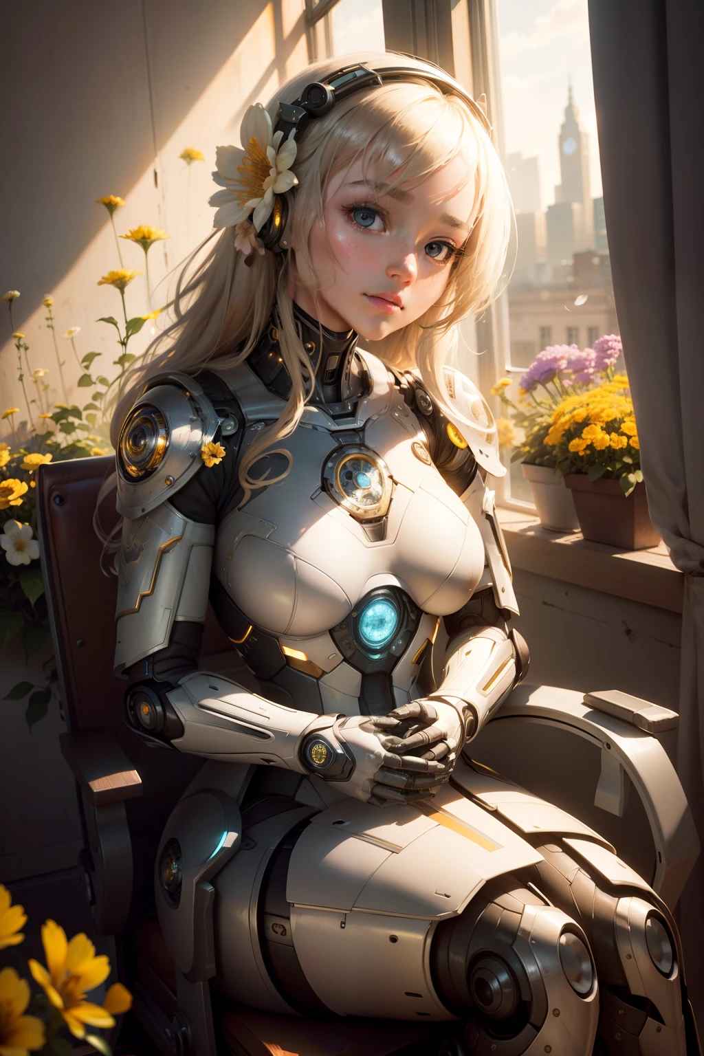 Beautiful AI robot girl sitting on chair by window, (many flowers:1.2), soft light, golden hour, upper body, hdr, 4k textures, natural skin texture, intricate, highly detailed, sharp focus, insane detail, intricate detail, ultra detailed, surrealistic, Author: rembrandt
