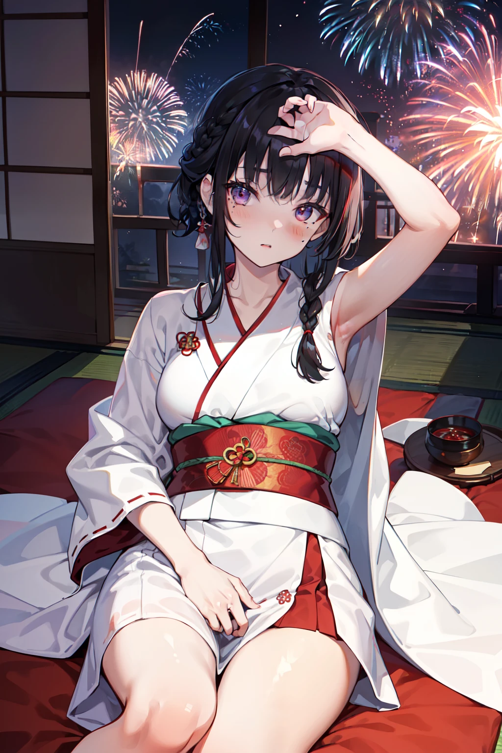 ((top-quality)),((​masterpiece)),((ultra-detailliert)),Miyo Nishimori,A dark-haired,Japanese hair,Bangs,Side French braid hair,Floral ornament in hair,Eyes are purple,(Mole under the left eye),Wearing a white yukata,Hands in the crotch,Long-established ryokan,((lying on futon)),Put your hands on your head,Show off your armpits,((Fireworks outside the window)),red blush,Seductive look,Nishijin Ori,From  above