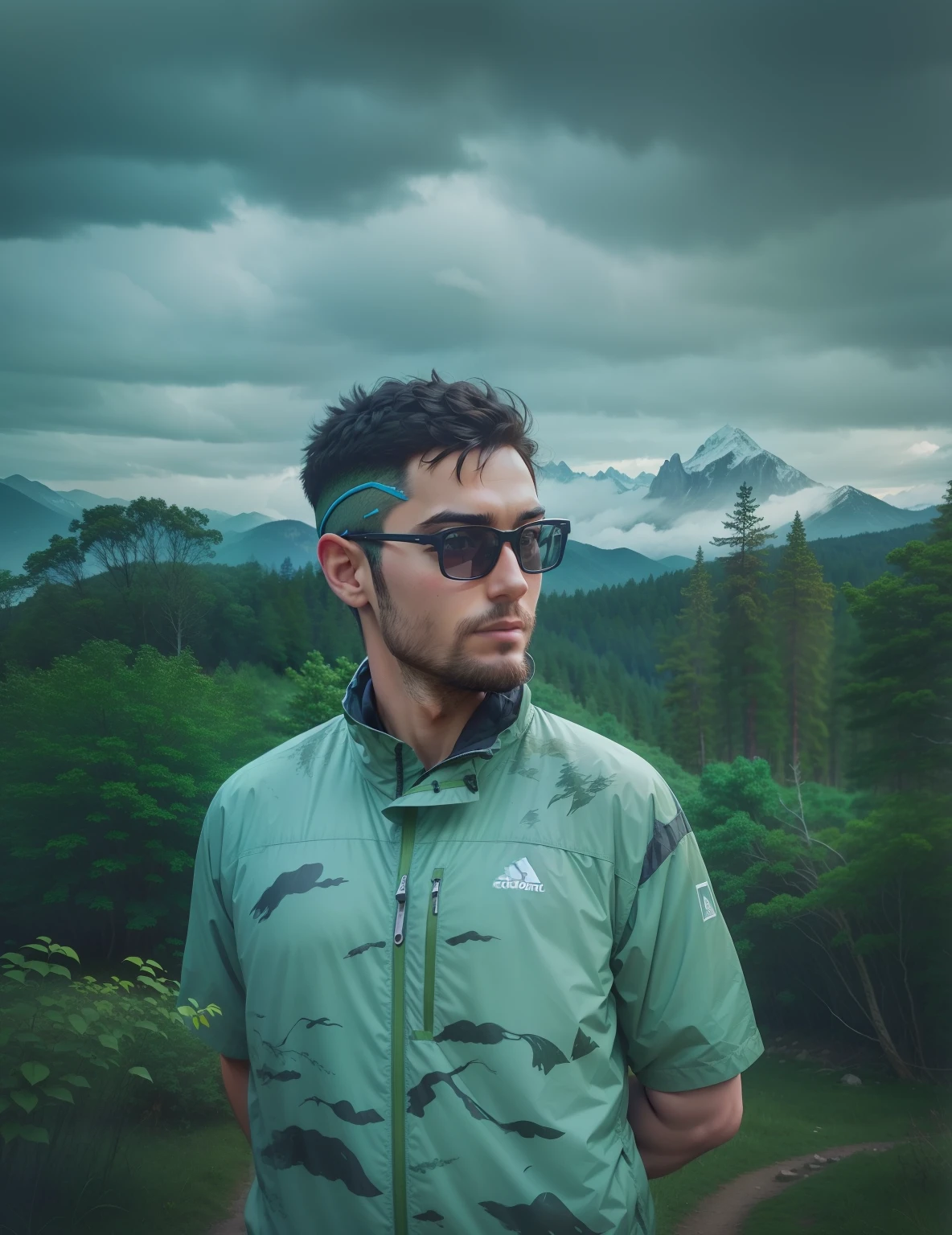 Natural scenery as background, mountain ranges, ln the forest, lakes, camp, A model in outdoor clothing, Comfortable hiking shoes, Model standing on a hillside, The colors of nature are used as the main color scheme