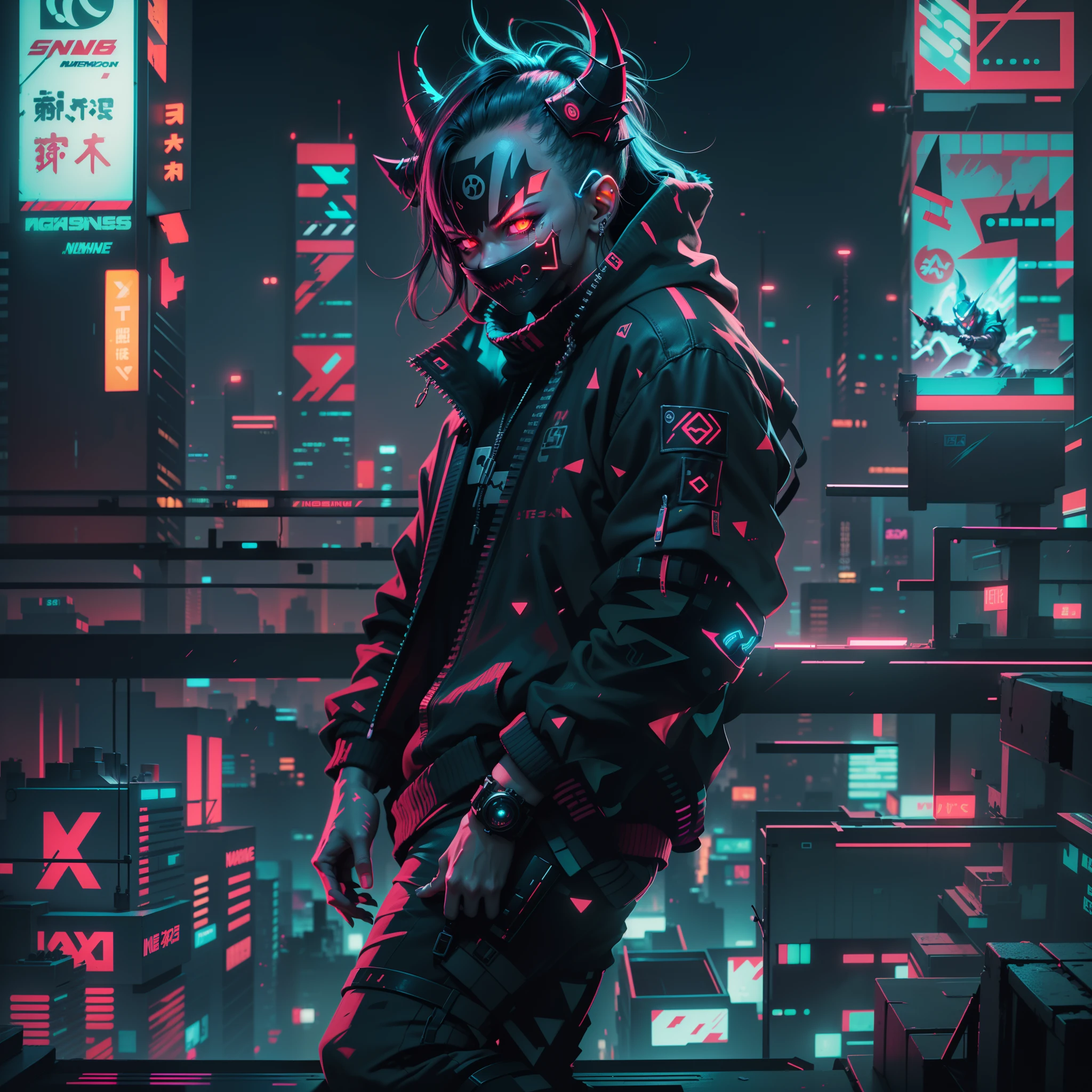 (detailed and high quality CG illustration, masterpiece)+(cyberpunk ninja+night scenery+building rooftop),(dark atmosphere+neon luminous light),crouching pose, vibrant and evil-looking demon mask that features sharp and pointed teeth (demon mask:1.3), equipment details, the demon mask's eyes are luminous with neon colors (demon mask+neon luminous eyes: 1.2)، ninja cyberpunk samurai clothes