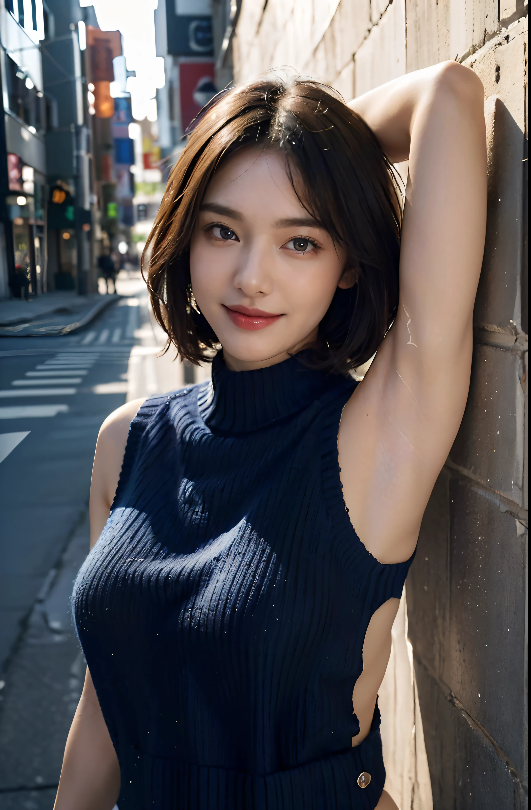 (Show underarms、A hyper-realistic、Armpit、Detailed armpit wrinkles、Detailed armpit pores、Realistic armpit skin、Side close-up、Black armpit skin、Black armpits、showing your whole body、Sexy white panties with only strings on the sides、Stand in the city、In town、in a street), (illustratio), (hight resolution), (8K), (ighly detailed), (The best illustrations), (armpit pose、beatiful detailed eyes), (top-quality), (ultra-detailliert), (masterpiece), (wall-paper), (详细的脸), (A smile、((A 40-year-old woman)),Show realistic armpits、Brown hair,short-hair、(Woman showing her armpits in a dark blue sleeveless sweater and white sexy white panties with only strings on the sides)), japanes,