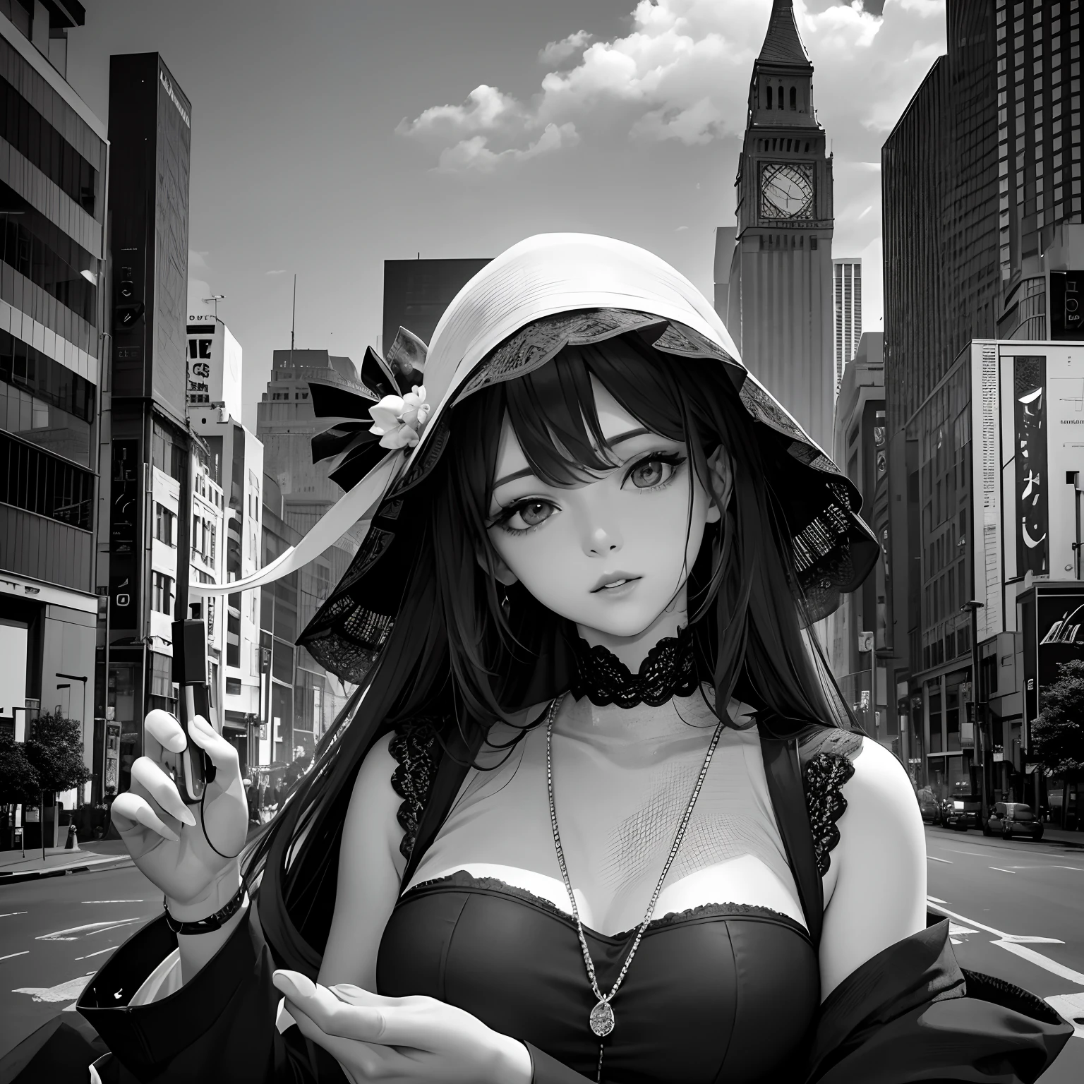 masterpiece、top-quality、hight resolution、High-quality images、8K、1womanl、detaileds、Detailed eye depiction、skin gloss、Monochrome grayscale、Lisa、portlate、The city I came to someday