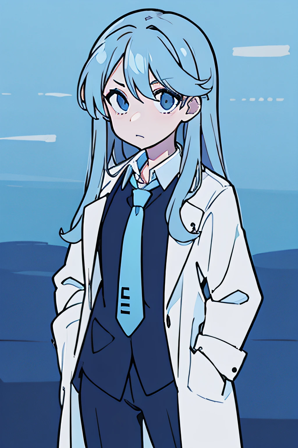 headshot photo、Face straight ahead、Standing Picture、simple background、Put your hands in your pockets、One Girl、sleepy、despairing、Hair color is#FAEBD7、Hakase(daily)、length hair、(hair wavy)、wearing lab coat、Wearing a light blue tie、Wearing a white shirt under a lab coat、10 generations、dead eyes, dark circles, Cold, Serious, beautiful lighting、masterpiece、top-quality、high-detail、