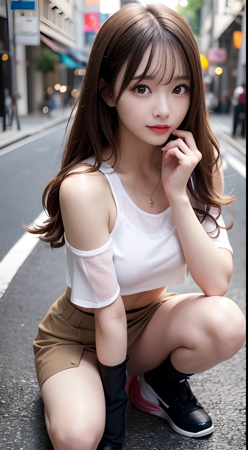 top-quality、超A high resolution、(Photorealsitic:1.4)、(ulzzang-6500:0.4)、Beautie、Korean Idols、21years old、length hair、light brown hair、Clean and wavy hairstyle、small tits、Very small breasts、Realistic eyes, slender narrow eyes、Beautiful eyes、A smile、croptop、Tank Tops、Wear a see-through shirt、a miniskirt、In the street、crouching down、slender、A slender、Slender body lines