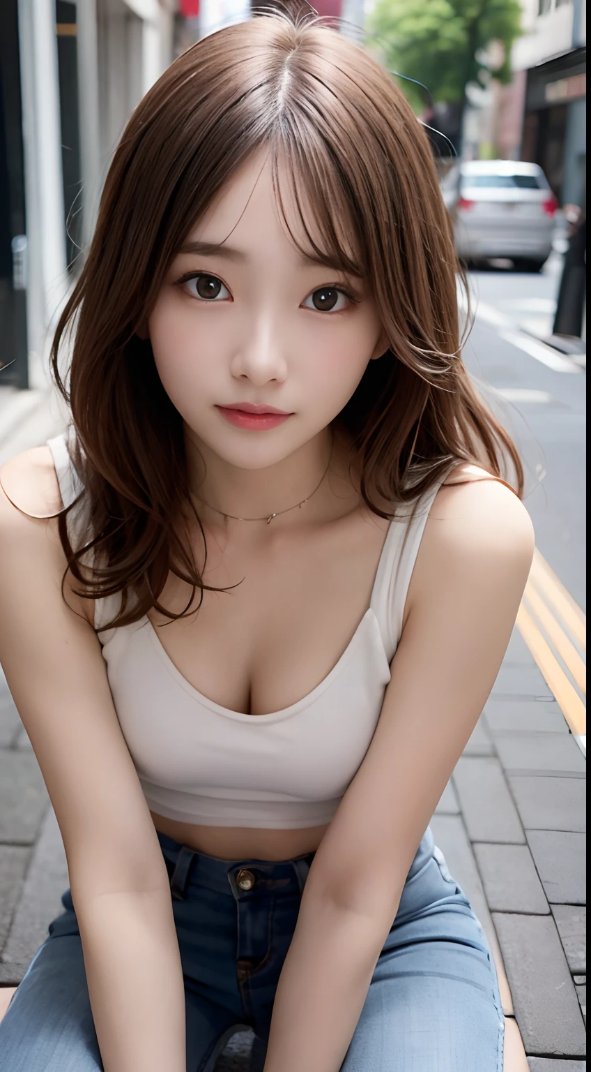 top-quality、超A high resolution、(Photorealsitic:1.4)、(ulzzang-6500:0.4)、Beautie、Korean Idols、21years old、length hair、light brown hair、Clean and wavy hairstyle、small tits、Very small breasts、Realistic eyes, slender narrow eyes、Beautiful eyes、A smile、croptop、Tank Tops、Wear a see-through shirt、a miniskirt、In the street、crouching down、slender、A slender、Slender body lines