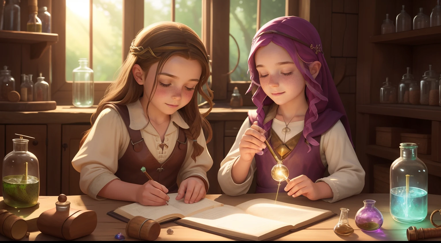 Alchemy Apprentice Crafting Mystical Potions:
Witness an aspiring alchemist tween, freckles catching sunlight, crafting enchanted potions in a hidden lab, each vial a step closer to magic.