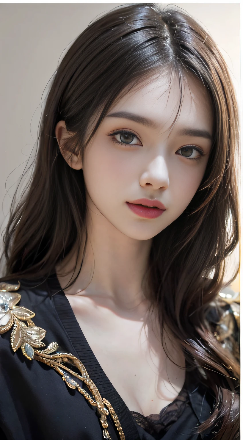 (Ultra Realistic), (Illustration), (Increased Resolution), (8K), (Extremely Detailed), (Best Illustration), (Beautiful and Detailed Eyes), (Best Quality), (Ultra Detailed), (Masterpiece ), ( wallpaper), (detailed face), solo, 1 girl, looking at viewer, fine details, detailed face, in the dark, deep shadows, low key, pureerosfaceace_v1, smiling, long hair, black shawl straight hair , 46 points oblique bangs