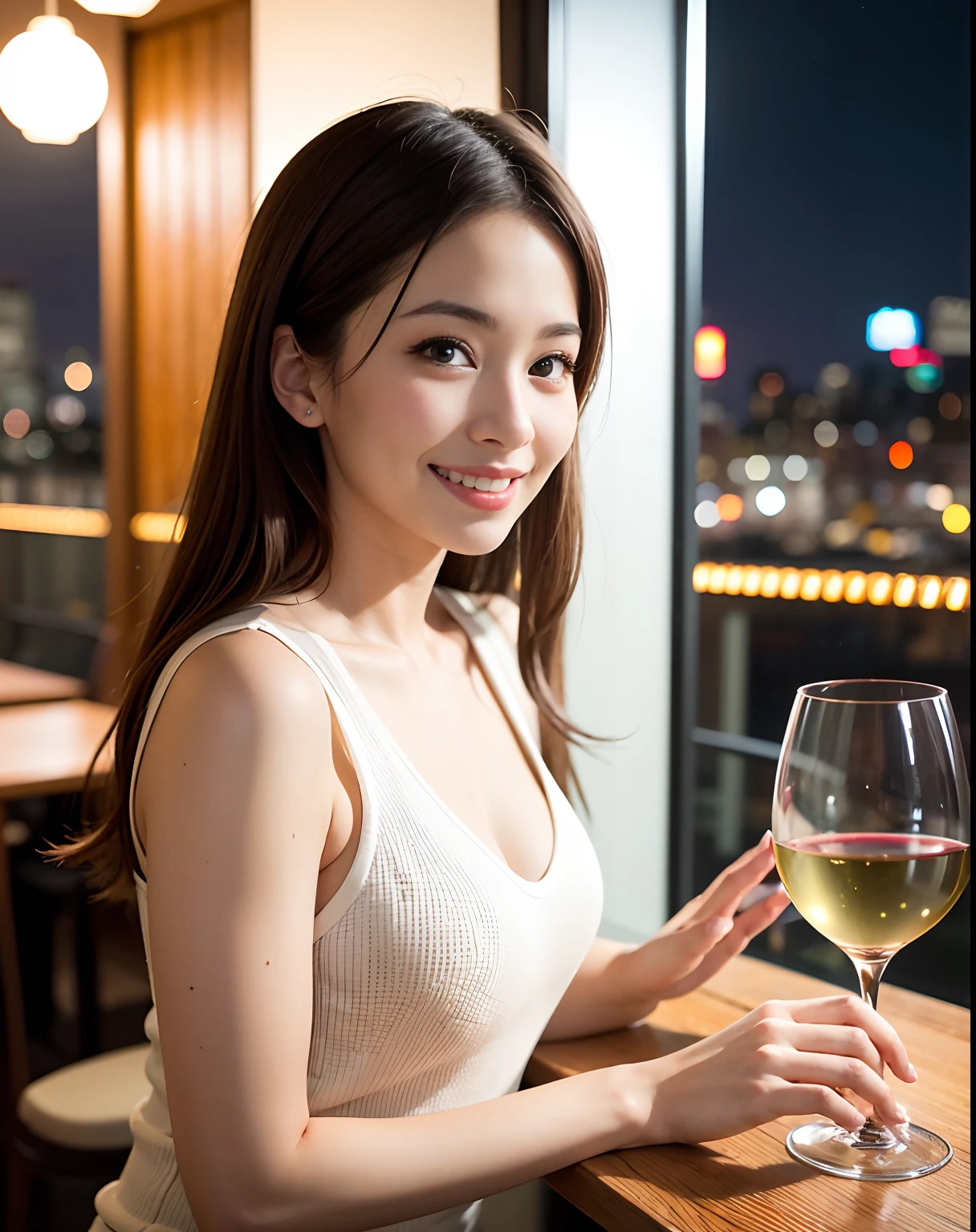 (64K, UHD, top quality, masterpiece: 1.2), (realistic, photorealistic: 1.37), super detailed, pretty woman 1 person, (slim face), (slim body), (brown hair), (short cut), cheeks slightly blushing, (44 years old), 38 years old, solo, beautiful detailed urban night view outside the window, restaurant, wine glasses sit, at night, in a prominent placeNovaFrogStyle, Actress, Model, Waist Up, White Wine, Slim, Wine Glass, Super Clean Night View, Wine Glass Put in the Middle, Happy Smile, (Smile: 1.15), Beautiful Fine Eyes, Upper Body, Bust Japan Up, Night, Short, Short, Actress, Model, Waist Up, White Wine, Slim, Wine Glass, Super Clean Night View, Wine Glass Put in the Middle, Happy Smile,