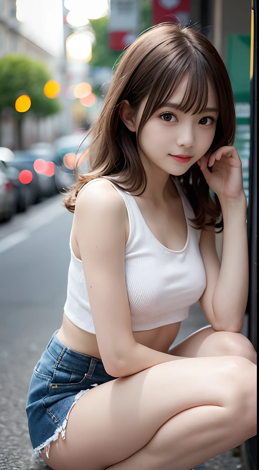 top-quality、超A high resolution、(Photorealsitic:1.4)、(ulzzang-6500:0.4)、Beautie、Korean Idols、21years old、length hair、light brown hair、Clean and wavy hairstyle、small tits、Very small breasts、Realistic eyes, slender narrow eyes、Beautiful eyes、A smile、croptop、Tank Tops、Wear a see-through shirt、a miniskirt、In the street、crouching down、slender、A slender、Slender body lines、shot from a side angle