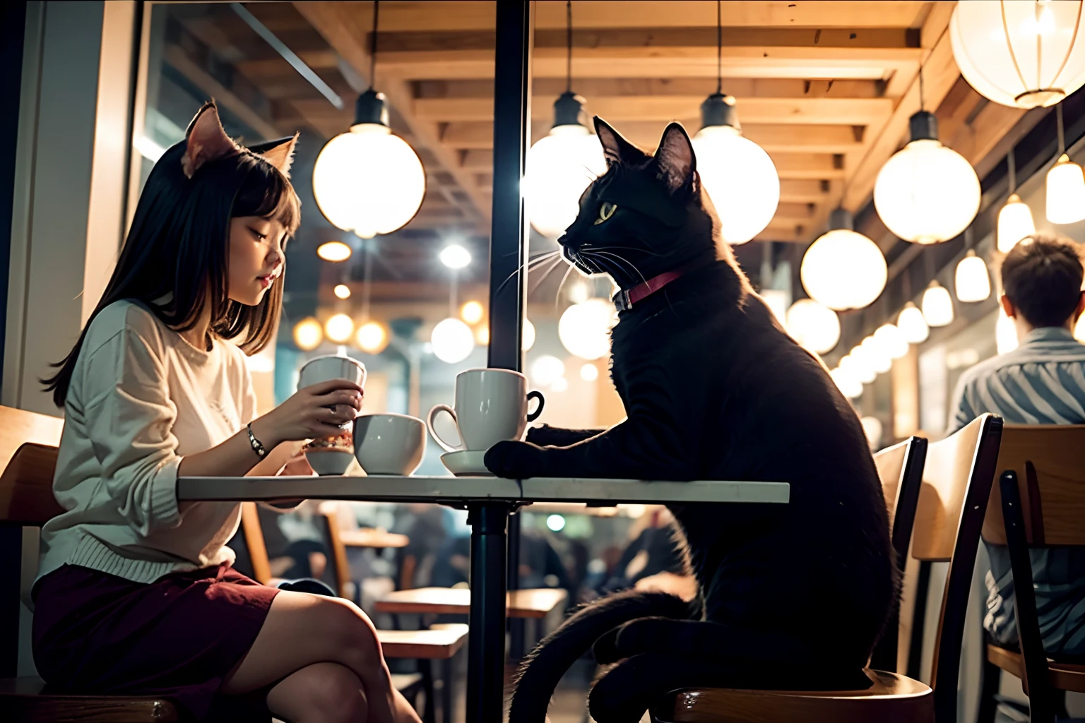 2 cute cat seating and drinking coffee in cafe, nighttime, crowded cafe with cats, crowd cats in background, blur background, bokeh