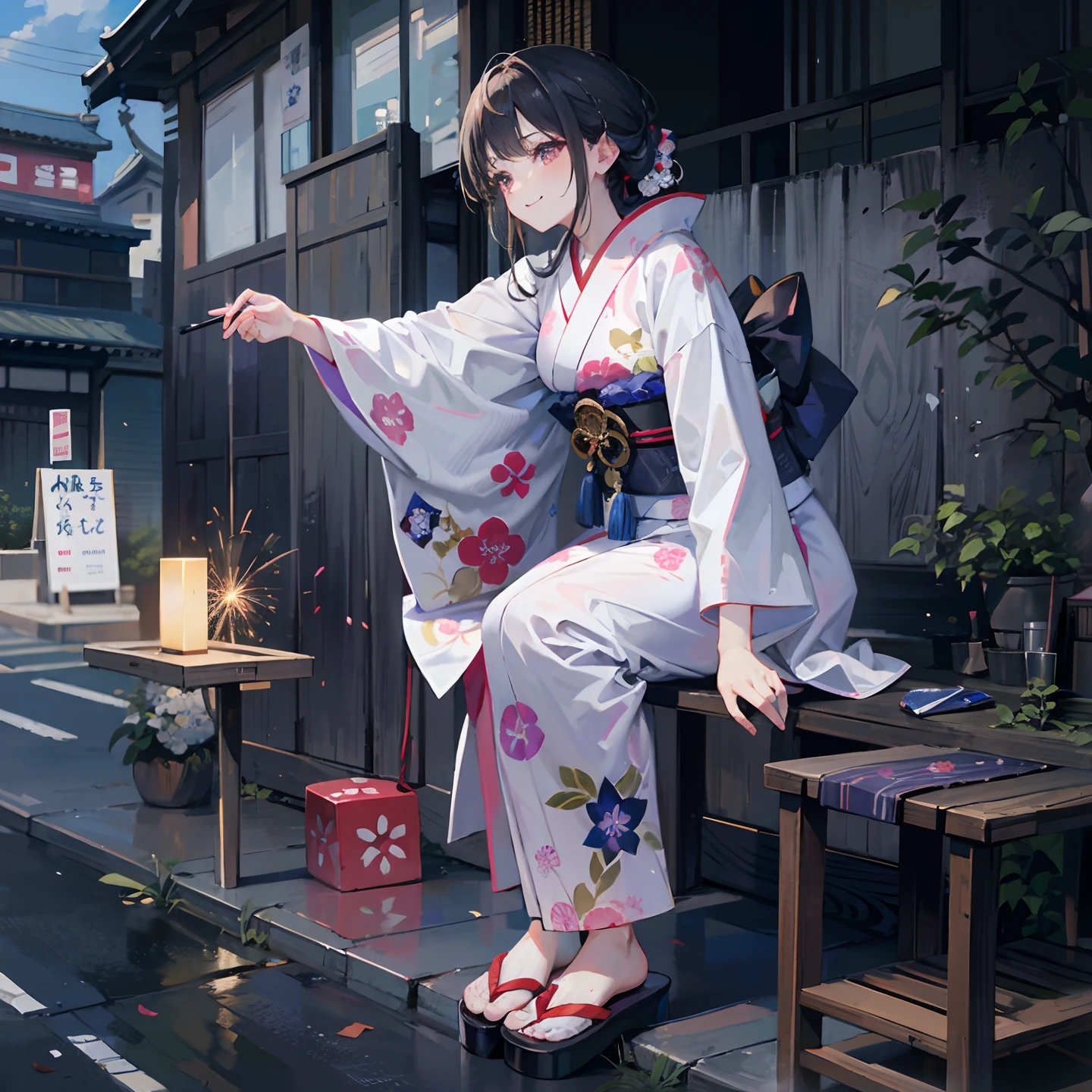 deep in the night，little bit of raining，bit girl，The expression is shy，Black hair with high ponytail，Wear Taoist clothing，baggy、Comfortable robe sleeves，Clothes hang down to the ankles，Loose collar，The placket is inlaid with delicate embroidery or pattern，Clothes are torn and torn，clothes wet，Fit snugly to the body，Barefoot，The front foot is raised to expose the soles of the feet，Little girl walking on streets where there is no one at night，Walk lightly，Every step brings ripples，The puddle reflects the soles of your bare feet，The streets are shrouded in silence and silence。Street lights emit a soft yellow or white glow，Cast warm light and shadow in the dark。The buildings lining the streets stand quietly，There was a faint light outside the window，Reflected in the street