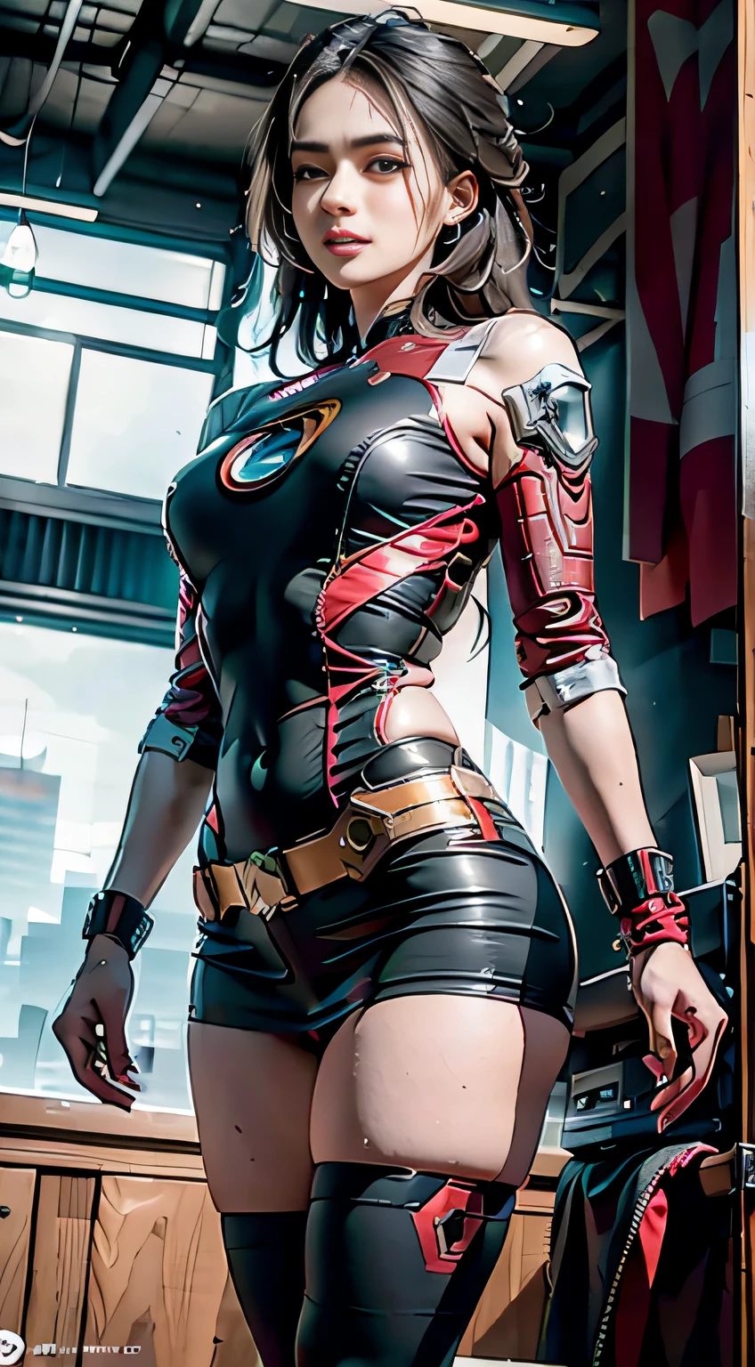 (1girl:1.3), solo,__body-parts__, official art, unity 8k wallpaper, ultra detailed, beautiful and aesthetic, beautiful, masterpiece, best quality, RAW, masterpiece, super fine photo,, best quality, super high Resolution, photorealistic, sunlight, full body portrait, stunningly beautiful,, dynamic pose, delicate face, vibrant eyes, (side view), she is wearing a futuristic Iron Man mech, red and gold, Highly detailed abandoned warehouse background, detailed face, detailed complex busy background, messy, gorgeous, milky, high detailed skin, realistic skin details, visible pores, sharp focus, volumetric fog, 8k uhd, dslr camera, High quality, film grain, fair skin, photorealism, lomography, sprawling metropolis in a futuristic dystopia, view from below, translucent