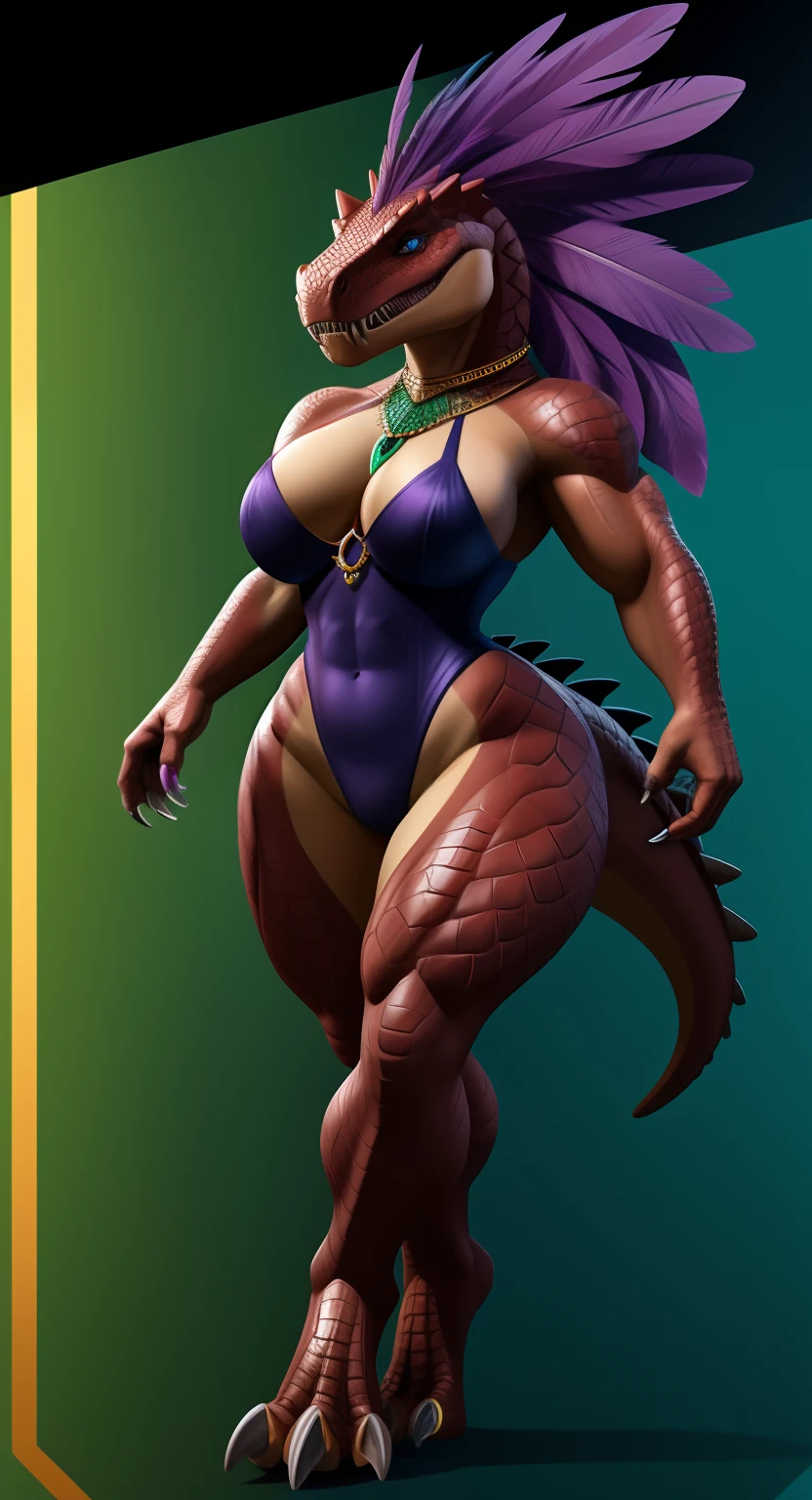 Anthropomorphic, furry, scaly, hybrid, woman, dinosaur, tyrannosaurus, black high cut leotard, black high leg leotard, sexy, curvy body, muscular body, thicc, claws, sharp teeth, fangs, tail, scales, hair, violet colored feather mane, fierce, busty, beautiful, lovely, savage, powerful, sexy legs, sexy hips, loving wife, giant, ruby red scales, emerald green scaled underside, violet stripes, confident, strong, blue eyes with black slit pupils, long legs, seductive, loving, hourglass body, jewelry, fit body, short arms, fully scaled, big head, monstrous, beastly beauty, proud, close up, regal looking, dark skin, hard abs, bare feet, spikes, reptile, sensual, T-Rex, queen, transparent background, blank background, tail comming out of the spine,