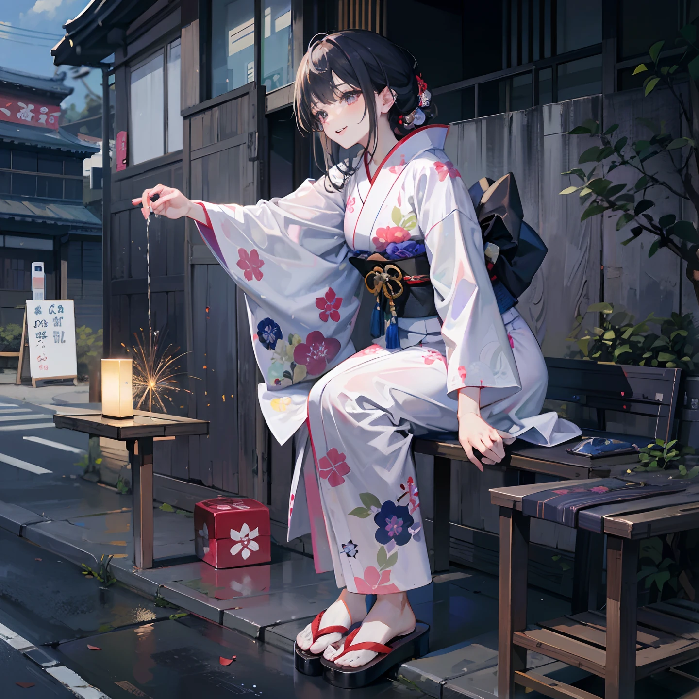 (a masterpiece of、top-quality:1.2)、ultra-detailliert、lighting like a movie、（（（Beautiful woman looking up at fireworks）））、A smile、woman wearing the kimono, bath robe, classy yukata clothing, Wearing a colorful yukata, in a kimono, Wearing a kimono, japanese kimono, in a kimono, Komono, wearing a haori, Yukata with morning glory pattern, A Japanese style, Wearing kimono,