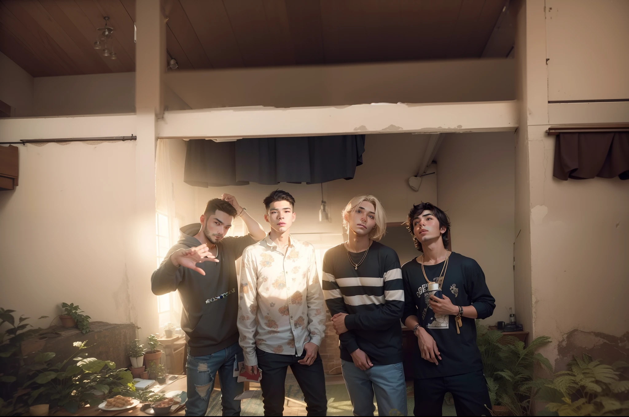 One men standing in a room with a table and a ceiling fan, candid picture, old picture, stylish pose, cute boys, taken with the best dlsr camera, each wearing correct era clothes, blurry image, with lovely look, with accurate face, taken with sony alpha 9, wearing correct era clothes, photo taken in 2 0 2 0, casual photography