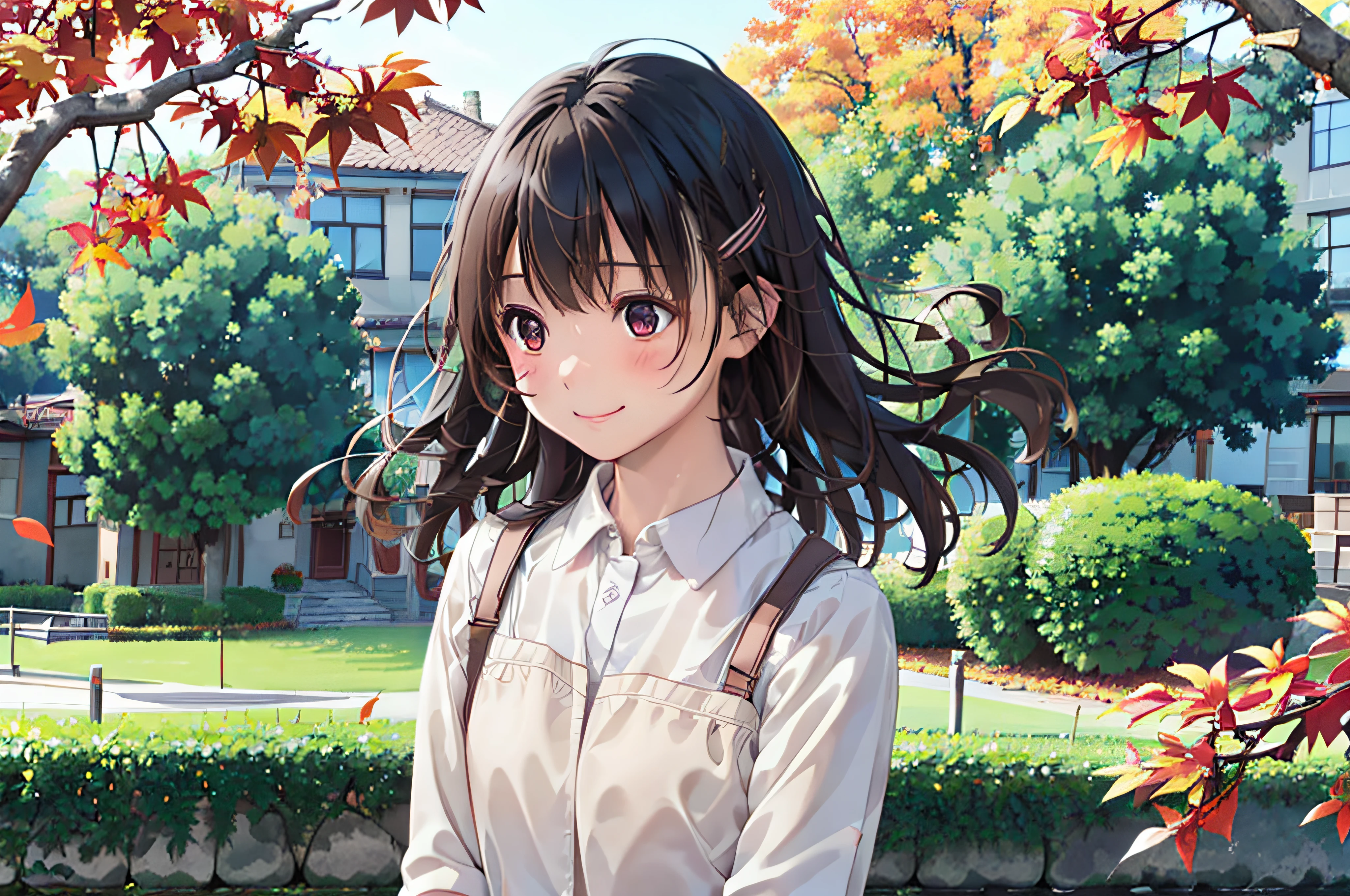 Colored leaves、momiji、autumnal、hi-school girl、soio、校服、Close-up in profile、​masterpiece、top-quality、top-quality、realisitic、8k 、Highly detailed CG、hight resolution、ultra-detailliert、finely detail、lighting like a movie、(1girl:1.4 )、(Brownish|A dark-haired:1.4)、with light glowing、Leaves fluttering in the wind、Medium hair, (real looking skin:1.2)、(light brown-skinned:1.2)、 Beautiful Girl Beautiful Details、extremely detailed eye and face、Eyes with beautiful details、ultra detailed and beautiful、red blush、embarrassed from、a smile、Hair swaying in the wind、outside of house、daytime、during the day