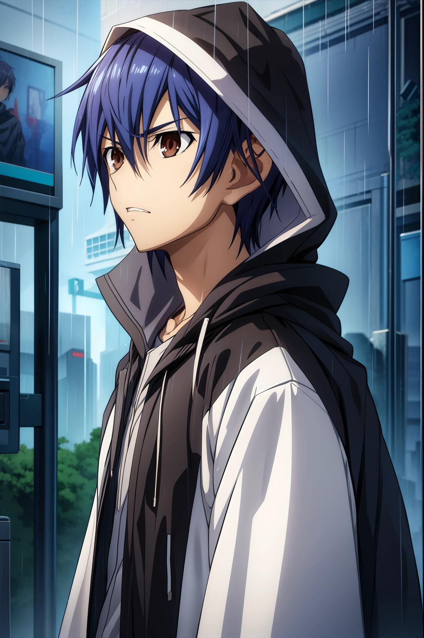 Anime boy in hooded jacket standing in the rain, Anime boy, realistic anime style,Sad eyes, cigarette in mouth