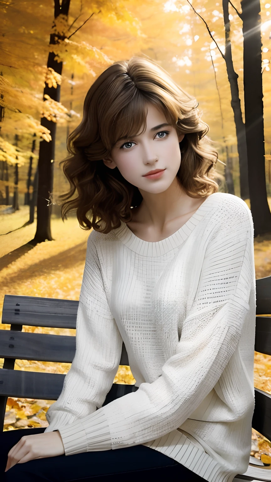 Beautiful and elegant French girl,Twenty-two years old, Actress Sophie Marceau，（The face looks like Sophie Mapuis），Short golden-brown hair，A shallow smile,（Blue affectionate eyes）,（Very detailed and perfect facial depiction）,Sit sideways on a park bench，Side view，Look back at the audience affectionately，A hint of melancholy，Milky white sweater，Black Capri pants，Trees in late autumn，Foliage，The setting sun shines obliquely，Autumn tones,(A variety of flowers:1.1),（light and shadow effect），（Light particle tracing），（vivd colour）,（Obvious layers）,（Photography Award）,（8k wallpaper）,（Masterpiece）,（best qualtiy）, photorealestic，realisticlying