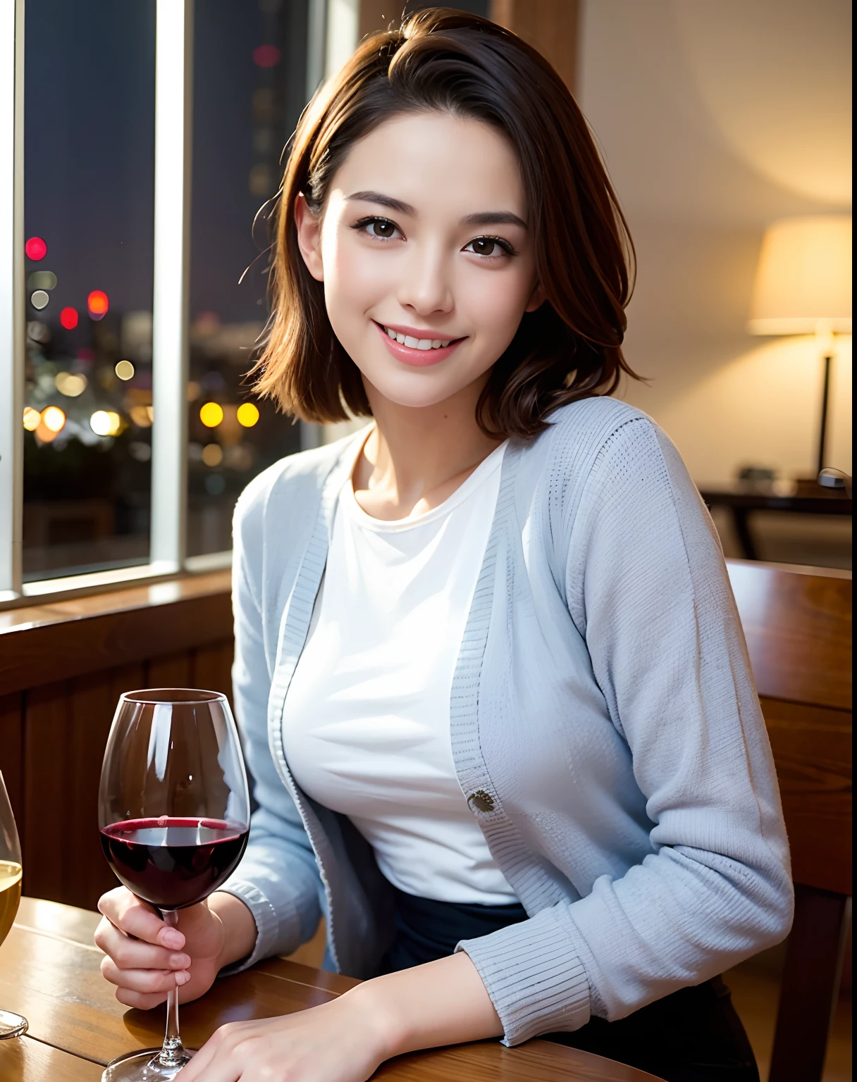 (64K, UHD, top quality, masterpiece: 1.2), (realistic, photorealistic: 1.37), super detailed, pretty woman 1 person, (slim face), (slim body), (brown hair), (short cut), cheeks slightly blushing, (44 years old), 38 years old, solo, beautiful detailed urban night view outside the window, restaurant, wine glasses sit, at night, in a prominent placeNovaFrogStyle, Actress, Model, Waist Up, White Wine, Slim, Wine Glass, Super Clean Night View, Wine Glass Put in the Middle, Happy Smile, (Smile: 1.15), Beautiful Fine Eyes, Upper Body, Bust Japan Up, Night, Short, Short, Actress, Model, Waist Up, White Wine, Slim, Wine Glass, Super Clean Night View, Wine Glass Put in the Middle, Happy Smile,