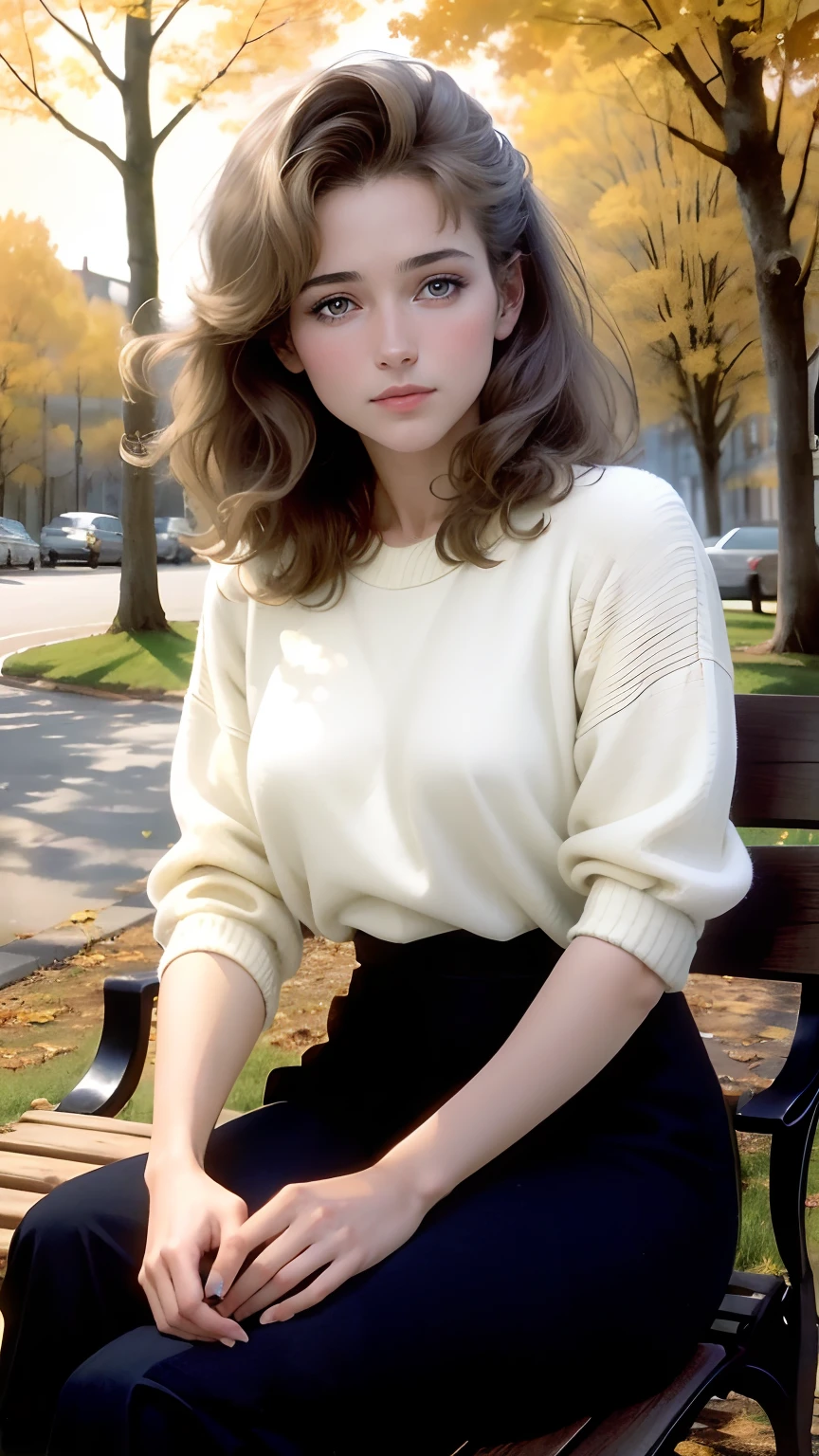 Beautiful and elegant French girl,Twenty-two years old, Actress Sophie Marceau,(The face looks like Sophie Mapuis),Short golden-brown hair,A shallow smile,(Blue affectionate eyes),(Very detailed and perfect facial depiction),Sit sideways on a park bench,Side view,Look back at the audience affectionately,A hint of melancholy,Milky white sweater,Black Capri pants,Trees in late autumn,Foliage,The setting sun shines obliquely,Autumn tones,(A variety of flowers:1.1),(light and shadow effect),(Light particle tracing),(vivd colour),(Obvious layers),(Photography Award),(8k wallpaper),(Masterpiece),(best qualtiy), photorealestic,realisticlying